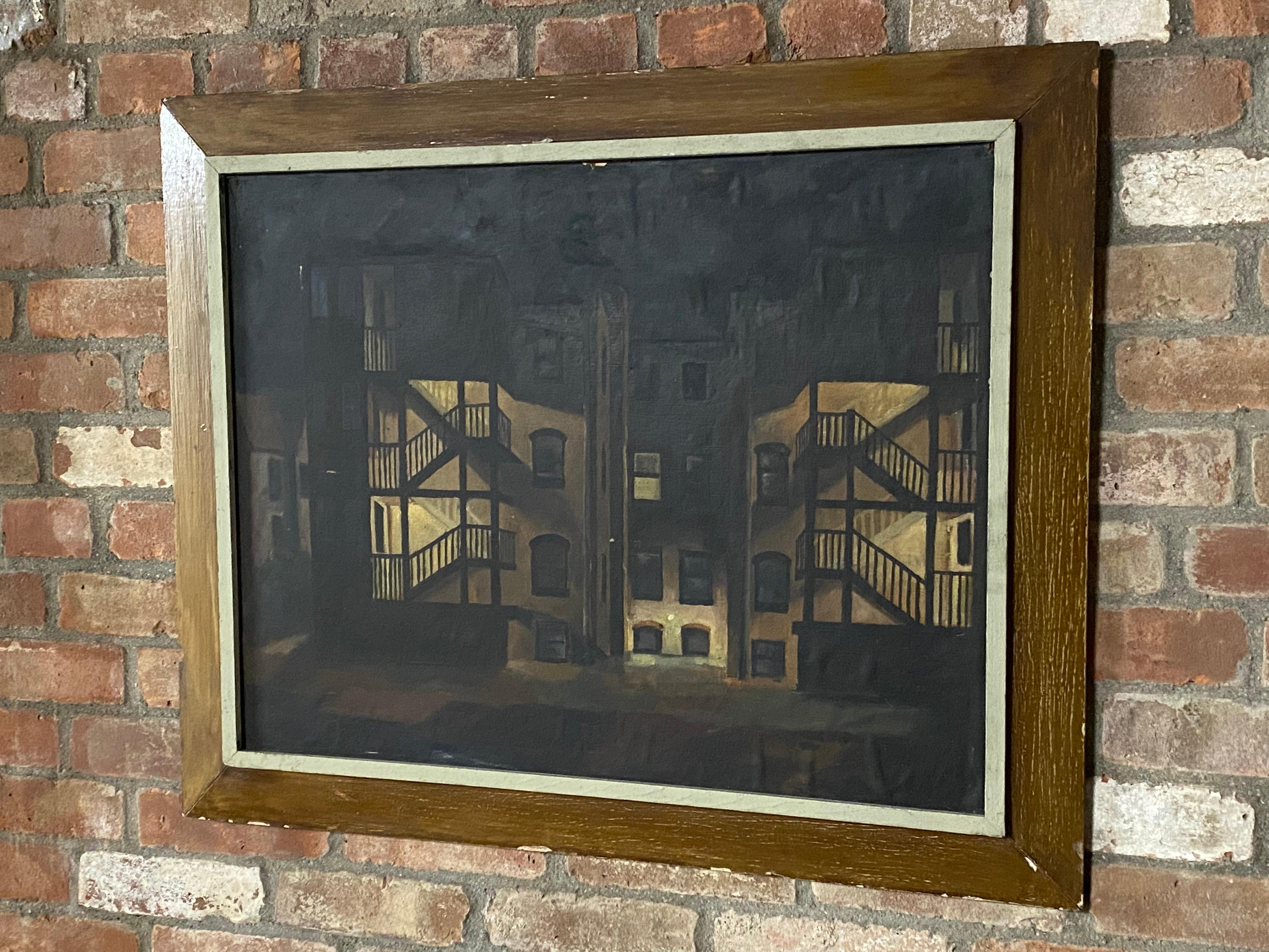 Mid-Century Modern 1950s Tenement Row House Painting by Leonard Buzz Wallace For Sale