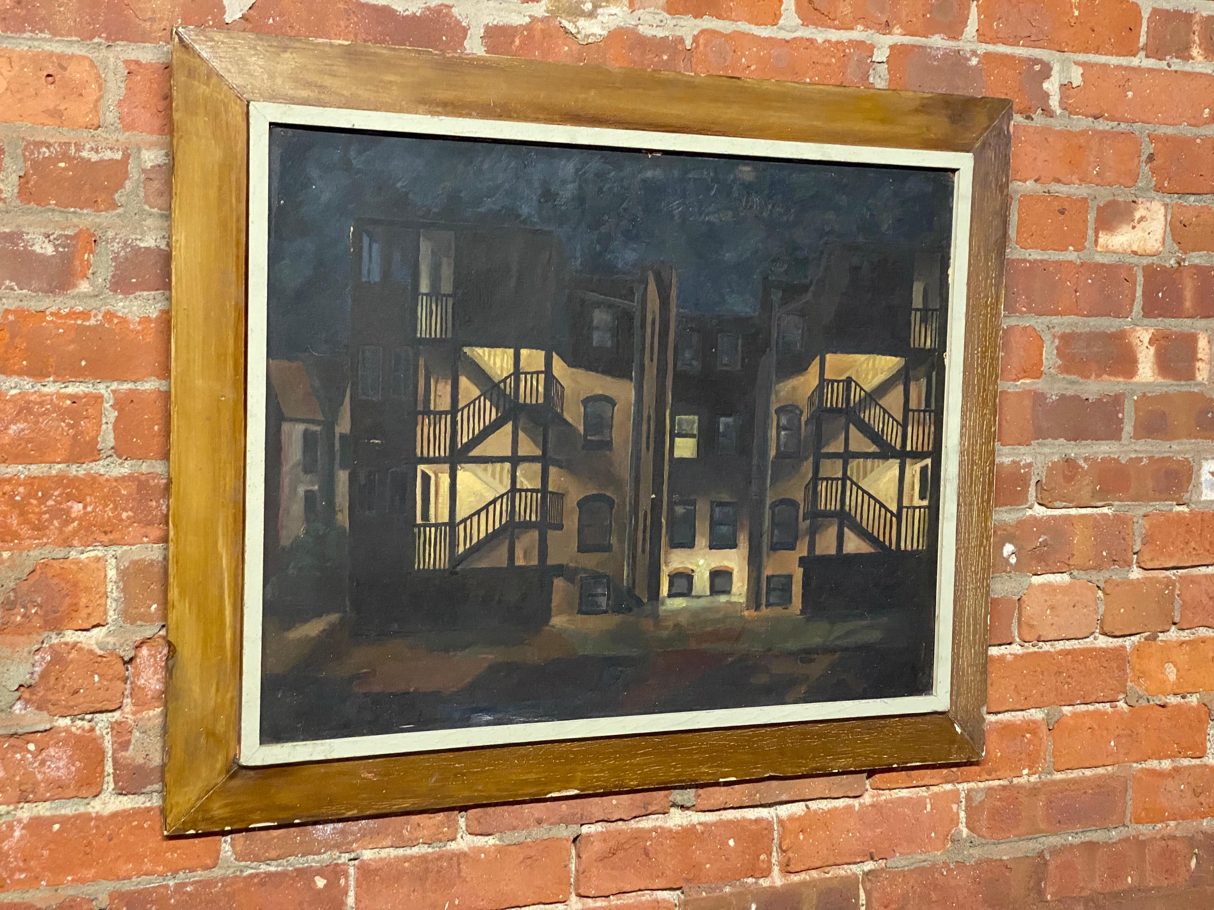 American 1950s Tenement Row House Painting by Leonard Buzz Wallace For Sale