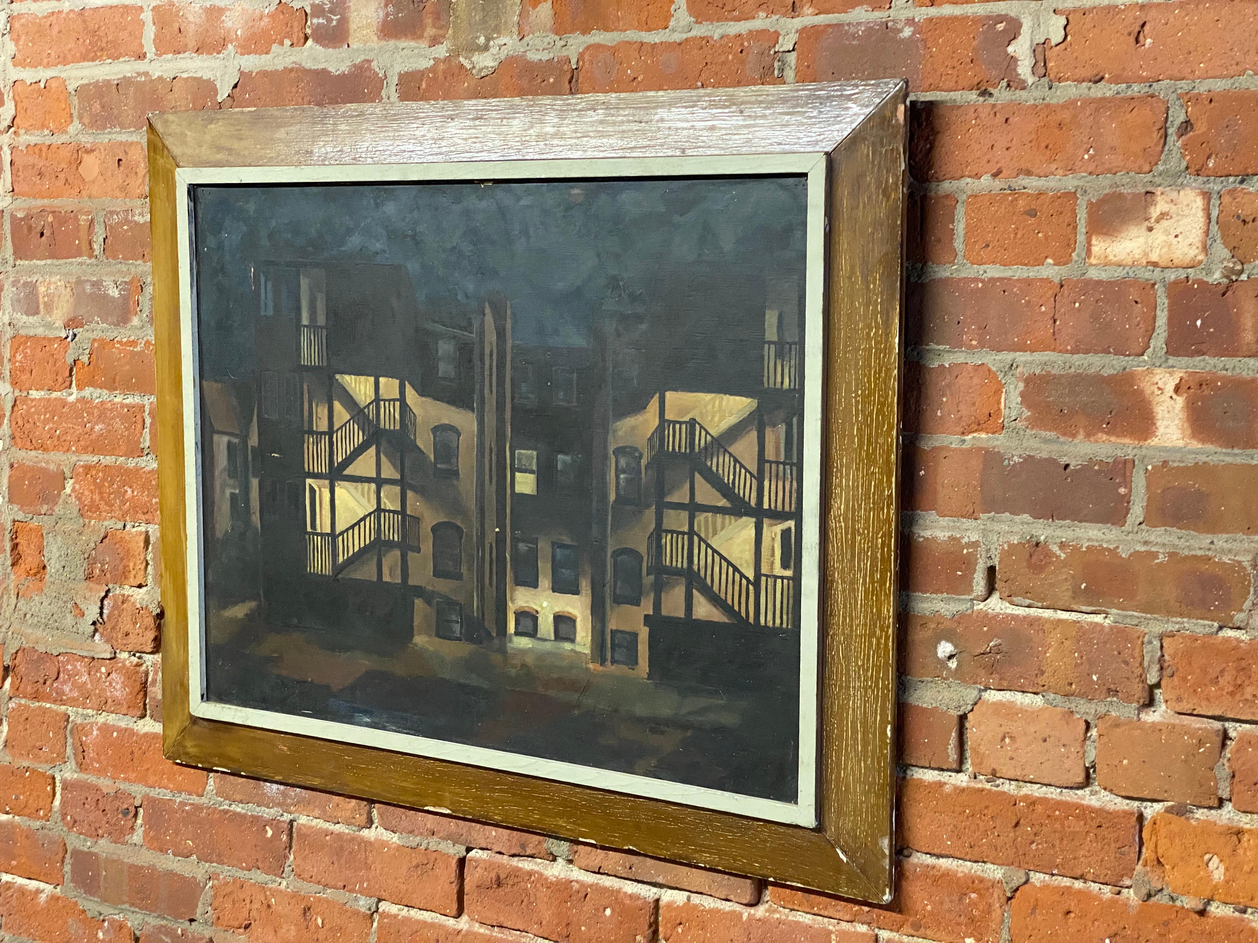 1950s Tenement Row House Painting by Leonard Buzz Wallace In Good Condition For Sale In Garnerville, NY