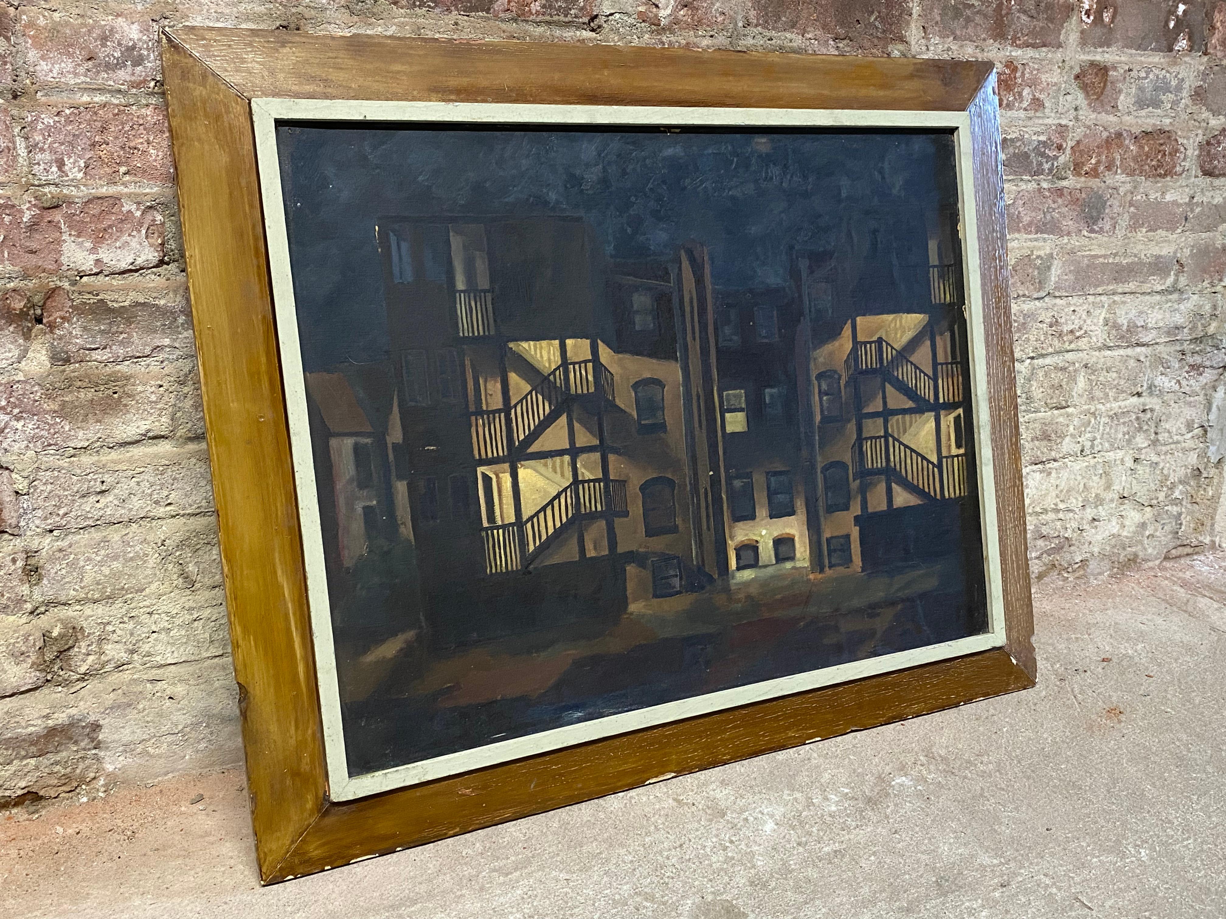 Mid-20th Century 1950s Tenement Row House Painting by Leonard Buzz Wallace For Sale