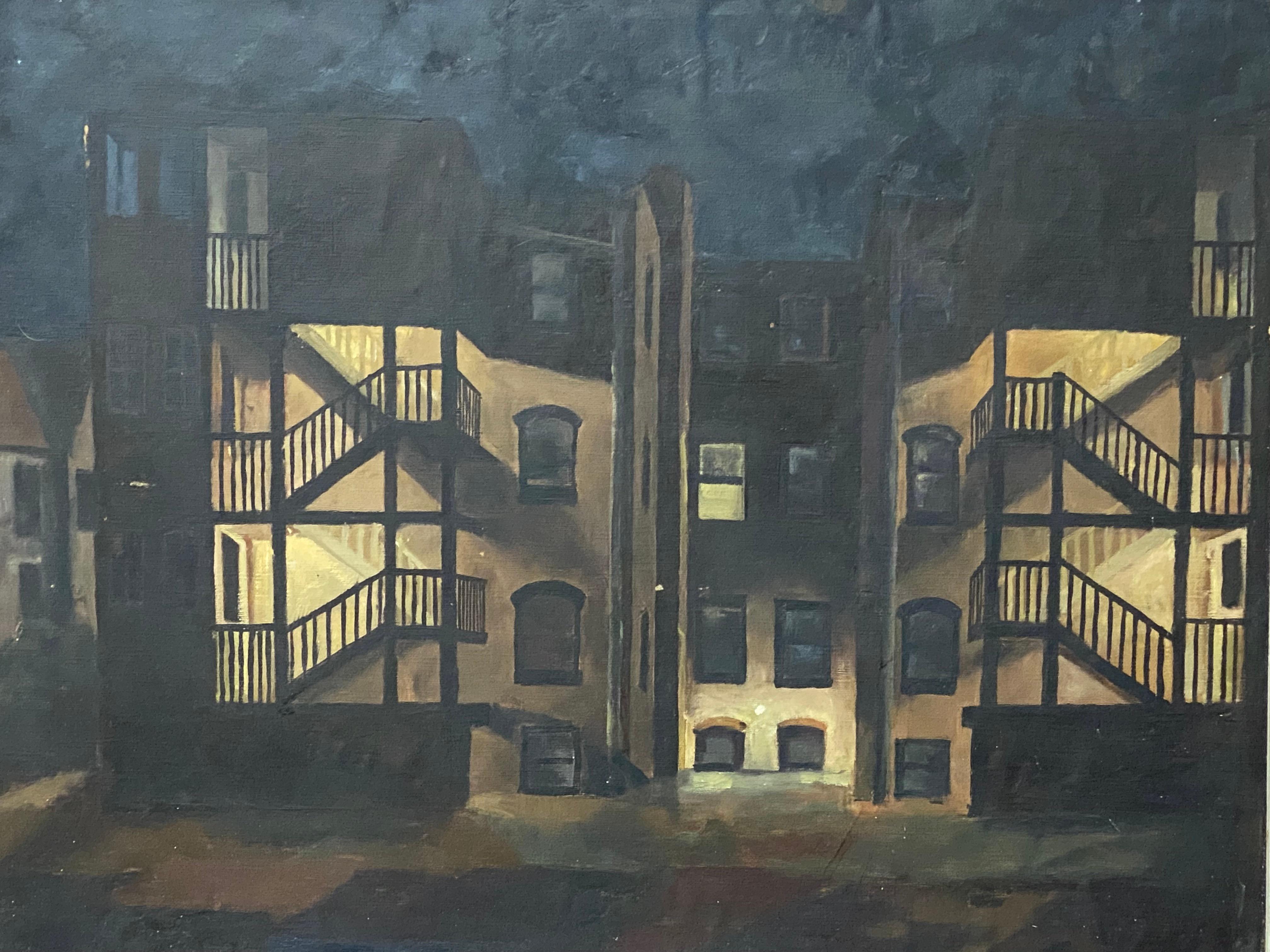 1950s Tenement Row House Painting by Leonard Buzz Wallace For Sale 1