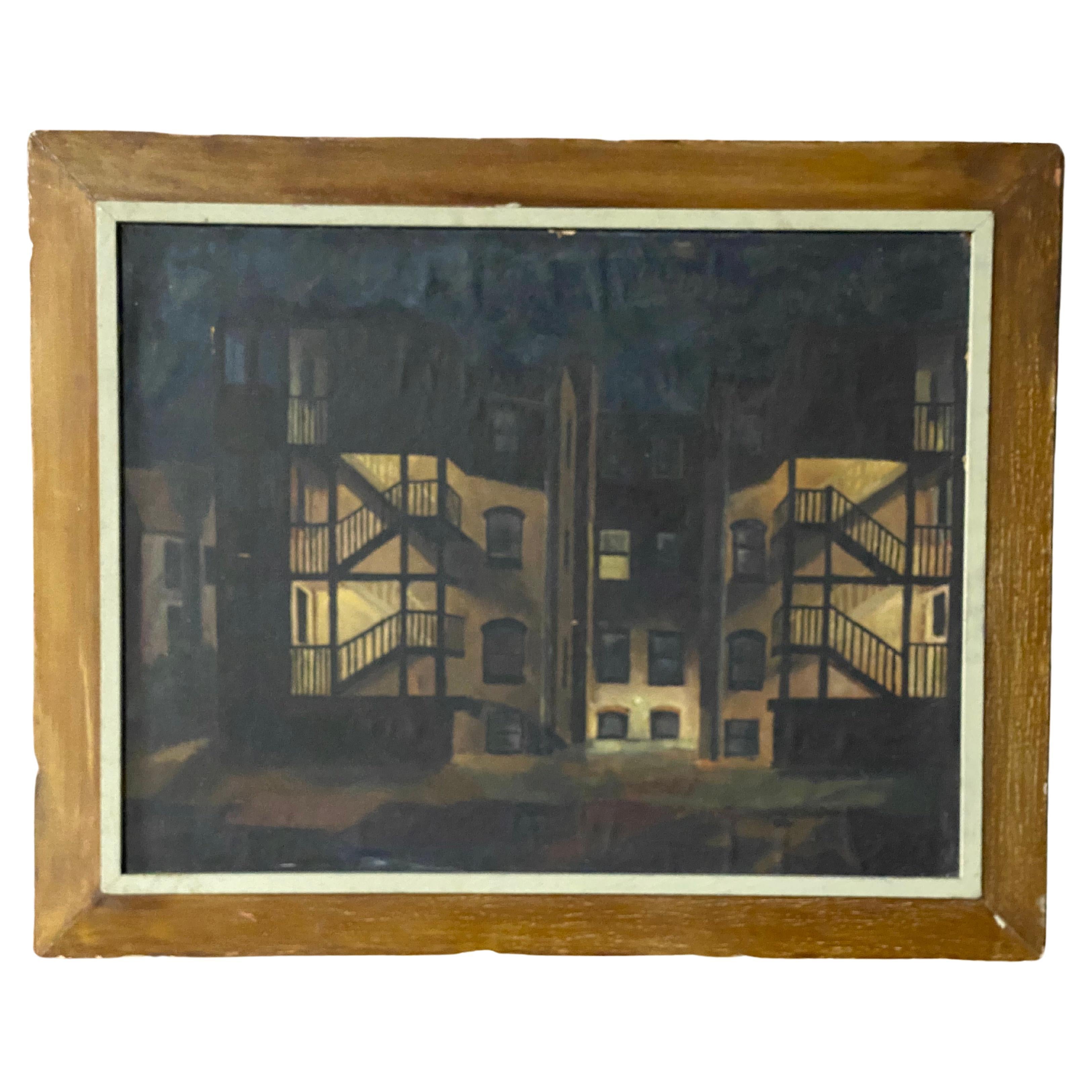 Peinture de la maison Tenement Row des années 1950 par Leonard Buzz Wallace en vente