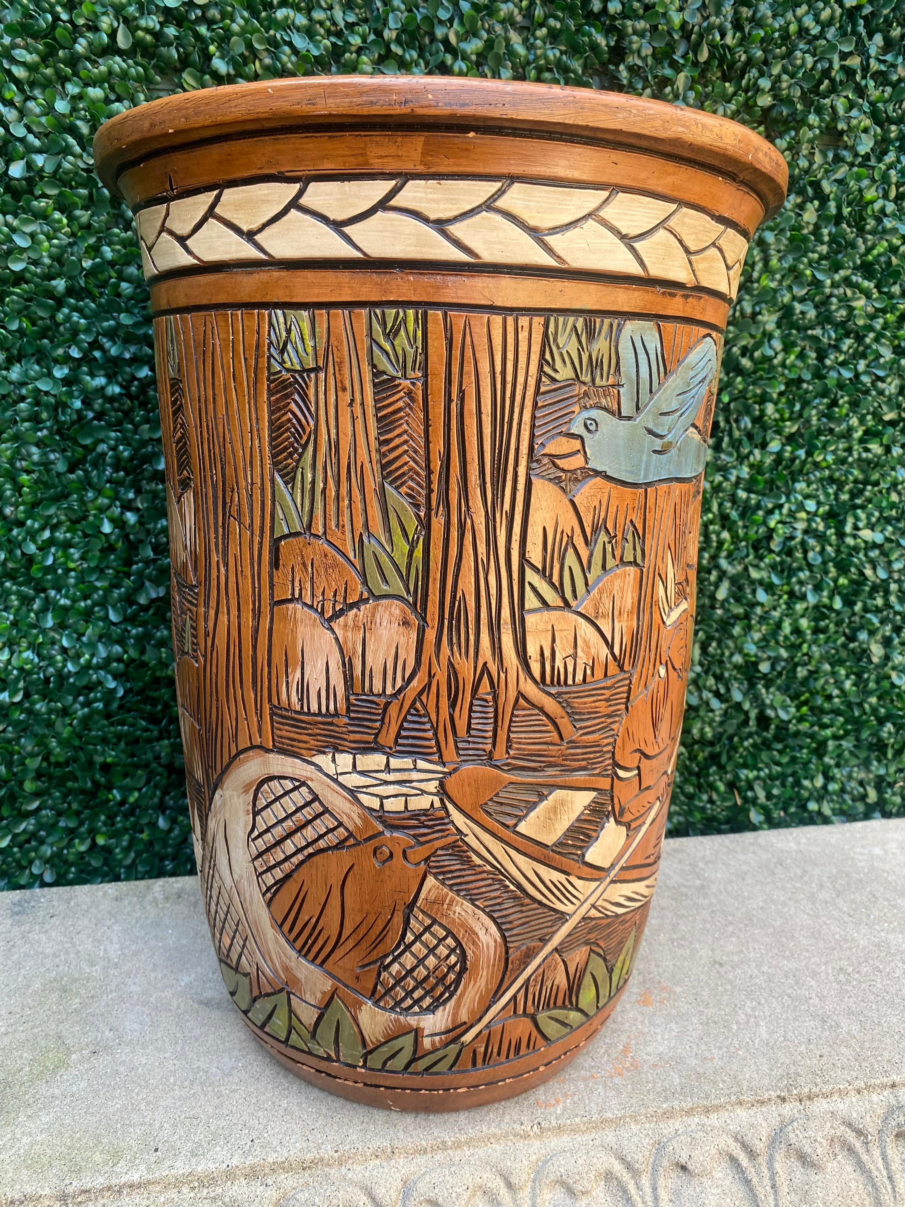 1950 Terracotta Etched Painted Figurative Nude Faux Wood Vase For Sale 5