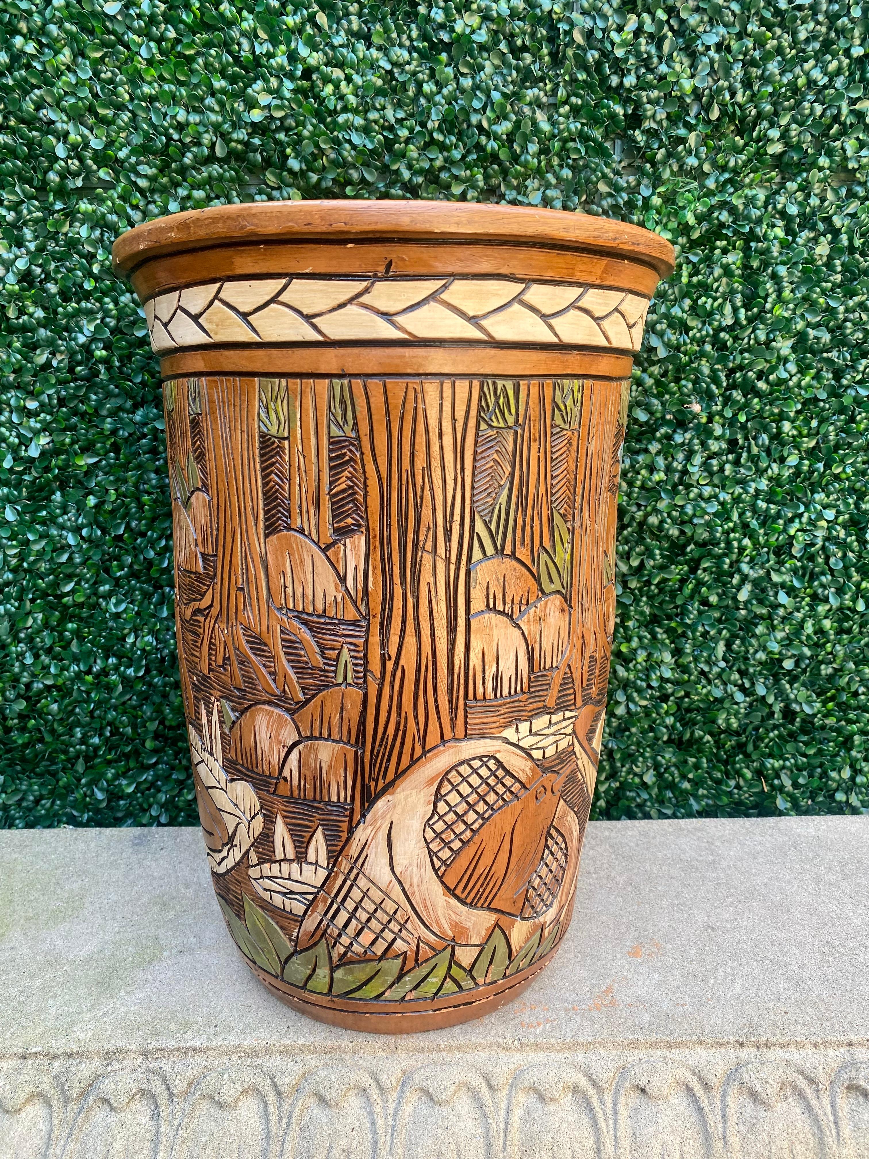 1950 Terracotta Etched Painted Figurative Nude Faux Wood Vase For Sale 6