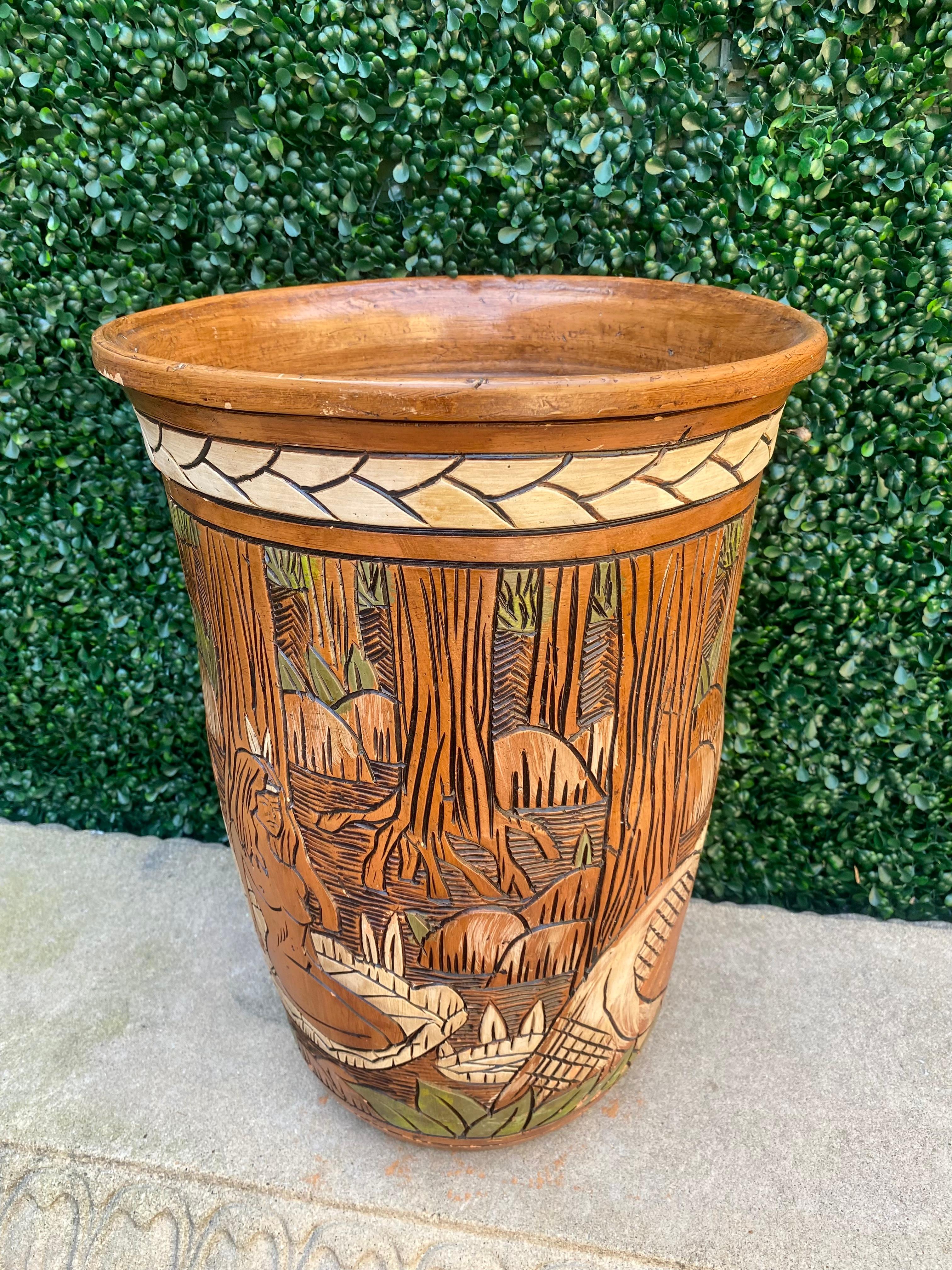1950 Terracotta Etched Painted Figurative Nude Faux Wood Vase For Sale 8