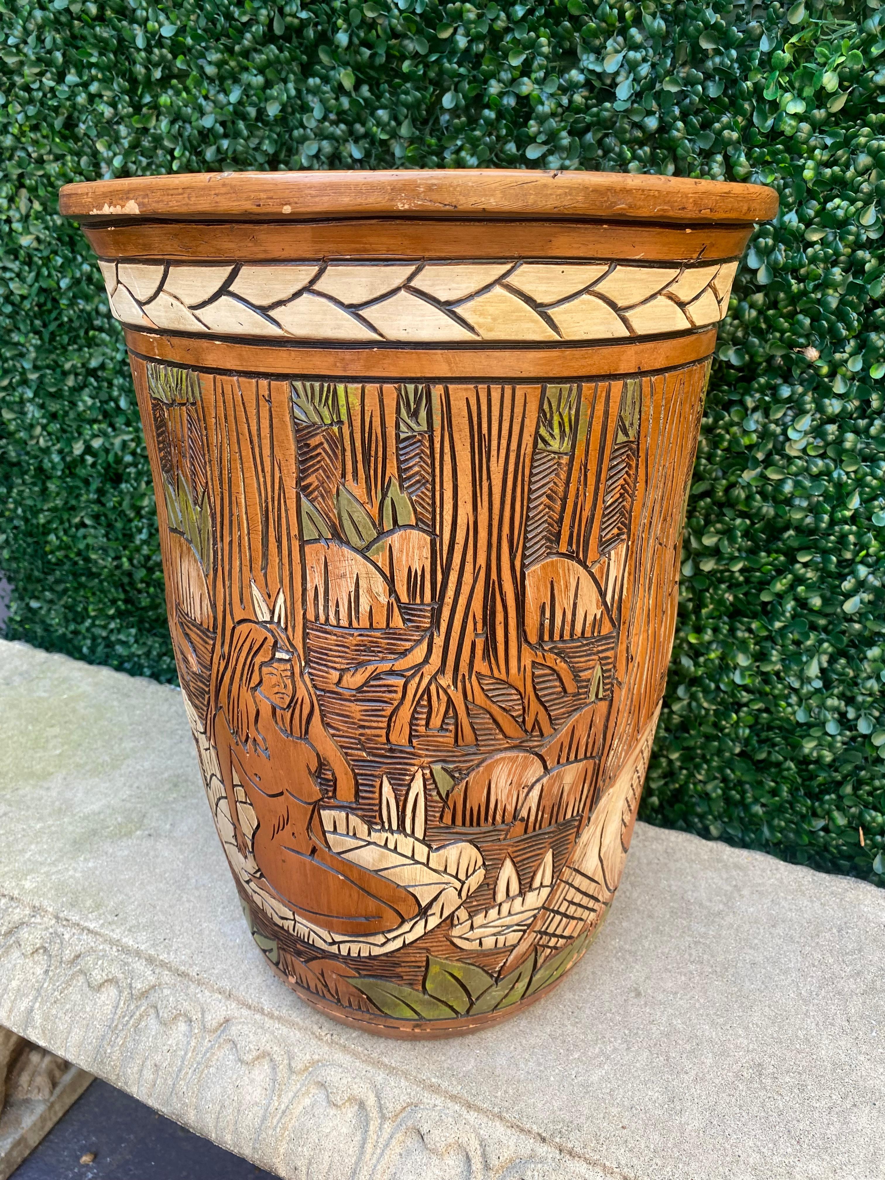 1950 Terracotta Etched Painted Figurative Nude Faux Wood Vase For Sale 9