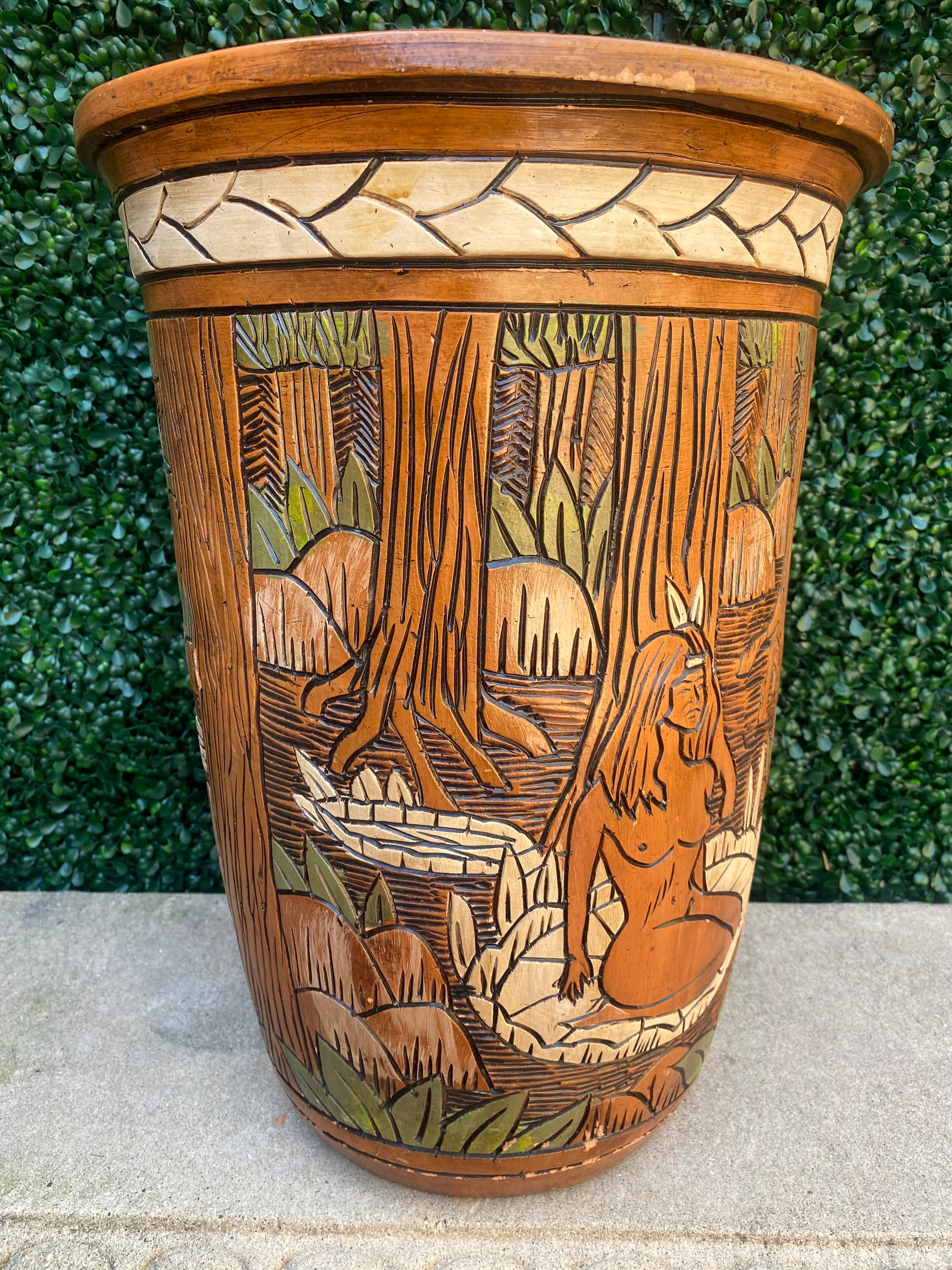 Mid-Century Modern 1950 Terracotta Etched Painted Figurative Nude Faux Wood Vase For Sale