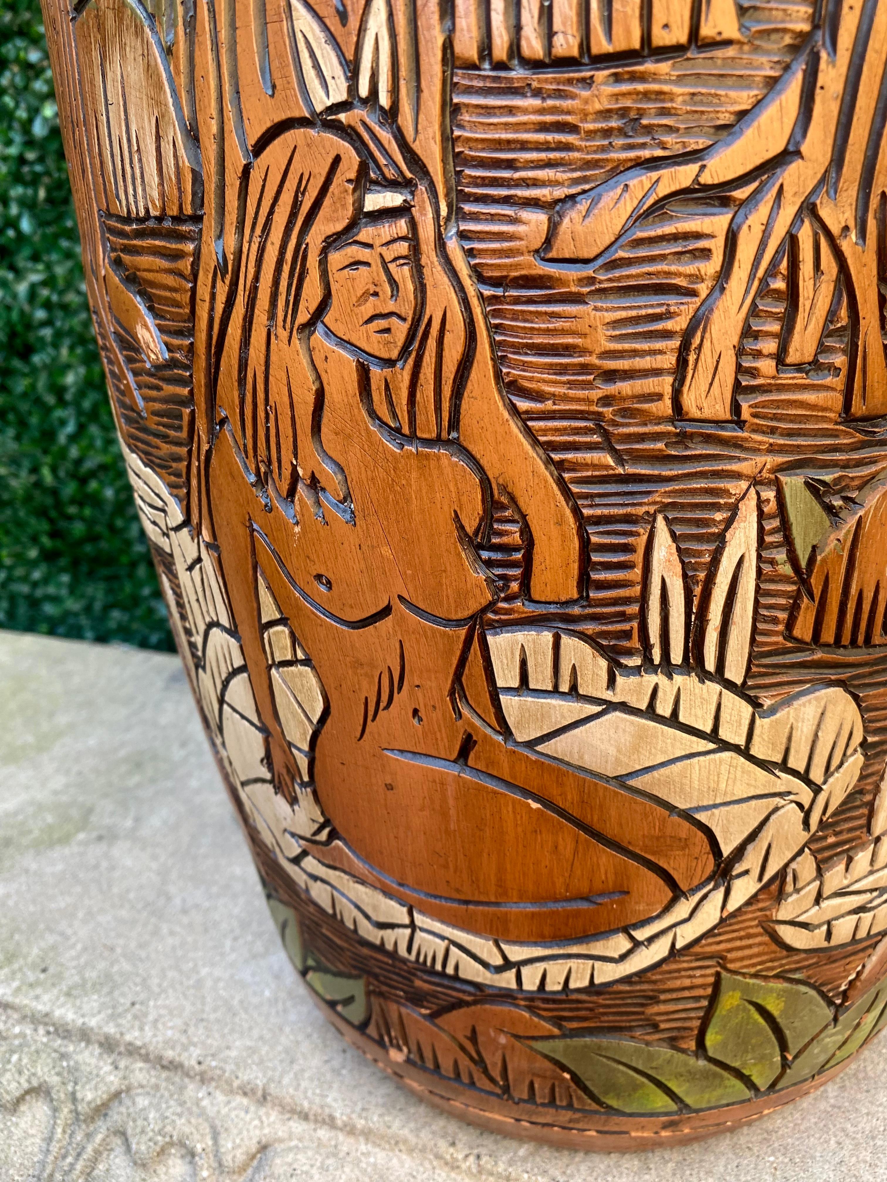 1950 Terracotta Etched Painted Figurative Nude Faux Wood Vase In Good Condition For Sale In Fort Lauderdale, FL