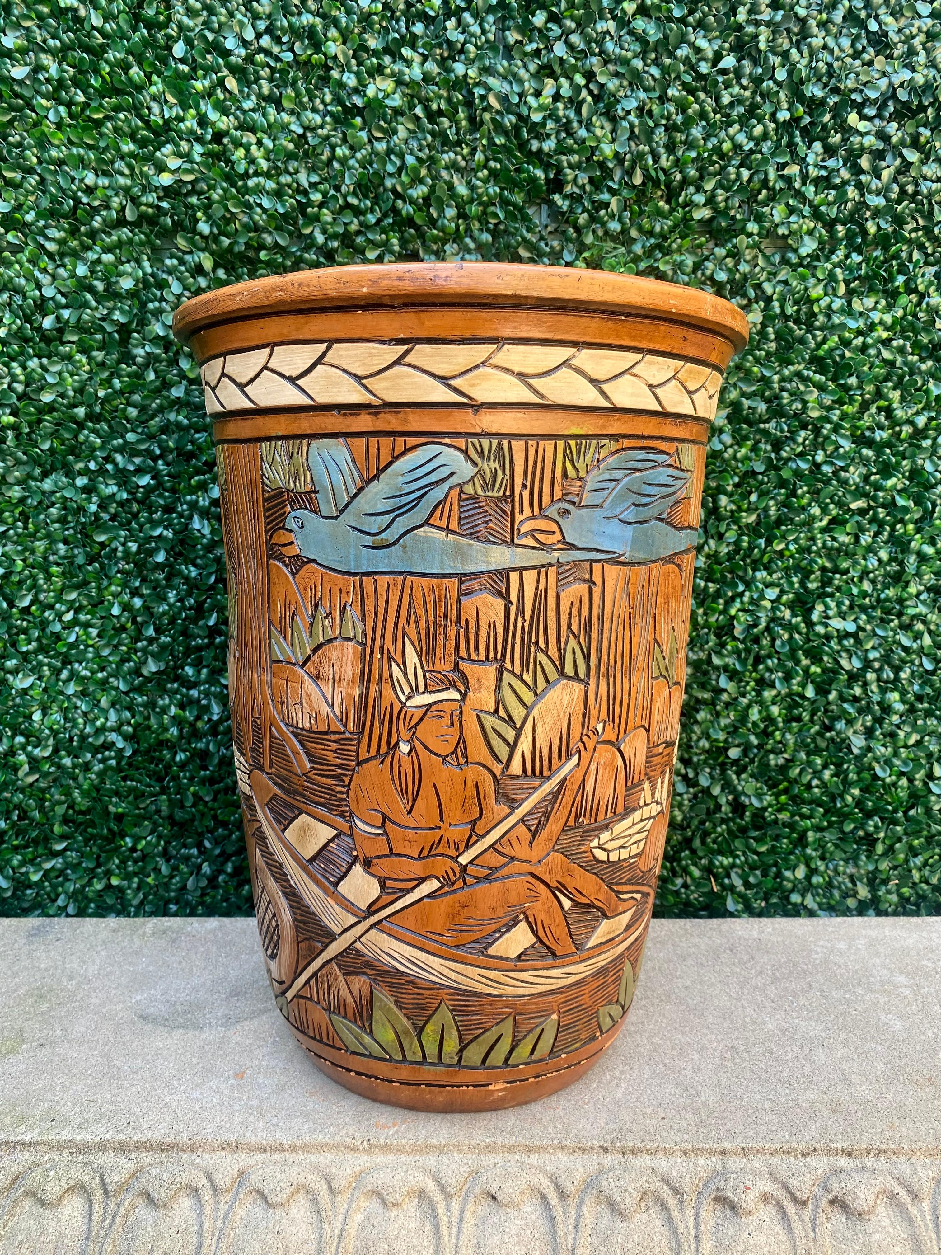 Mid-20th Century 1950 Terracotta Etched Painted Figurative Nude Faux Wood Vase For Sale