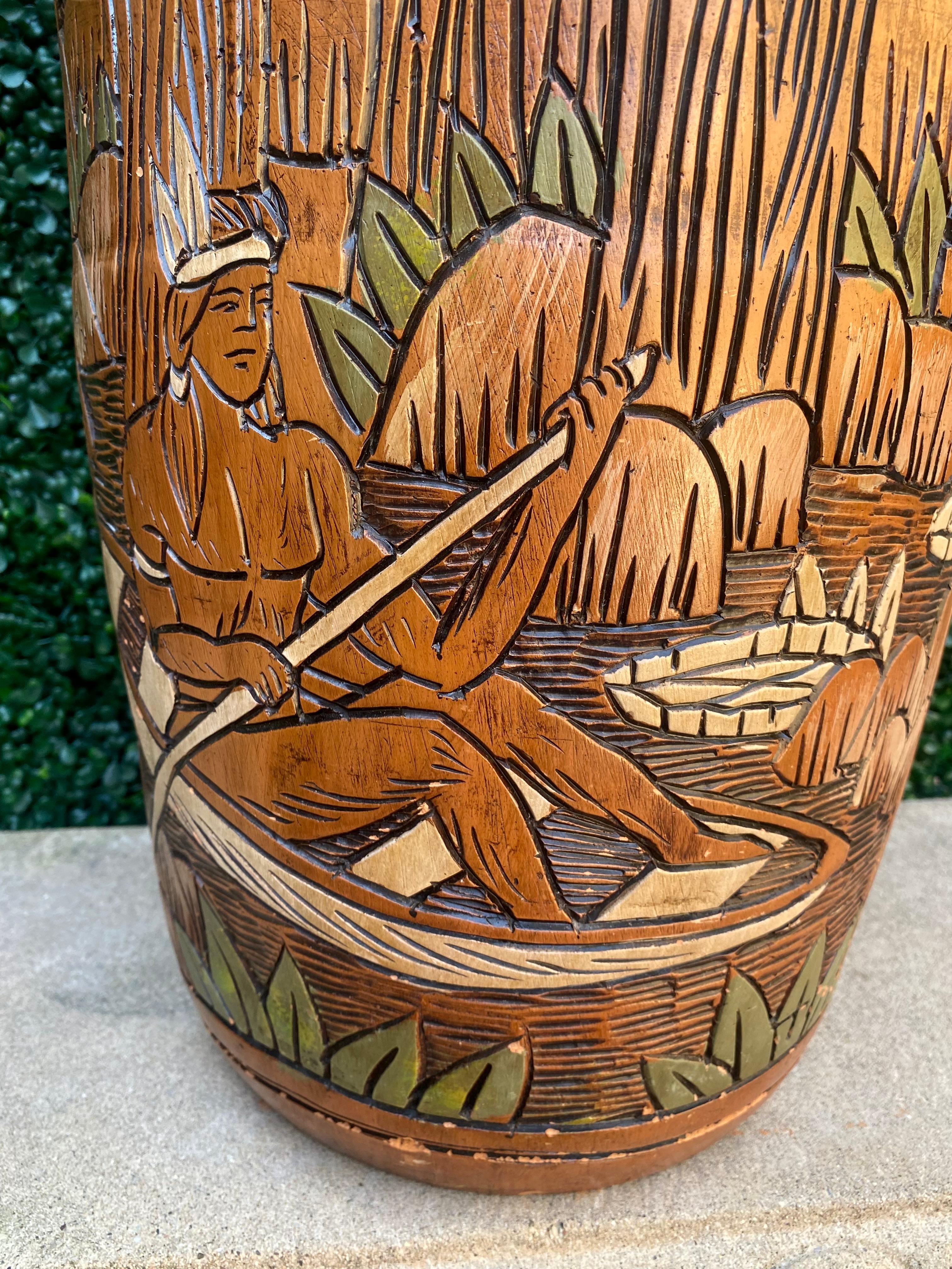 1950 Terracotta Etched Painted Figurative Nude Faux Wood Vase For Sale 1