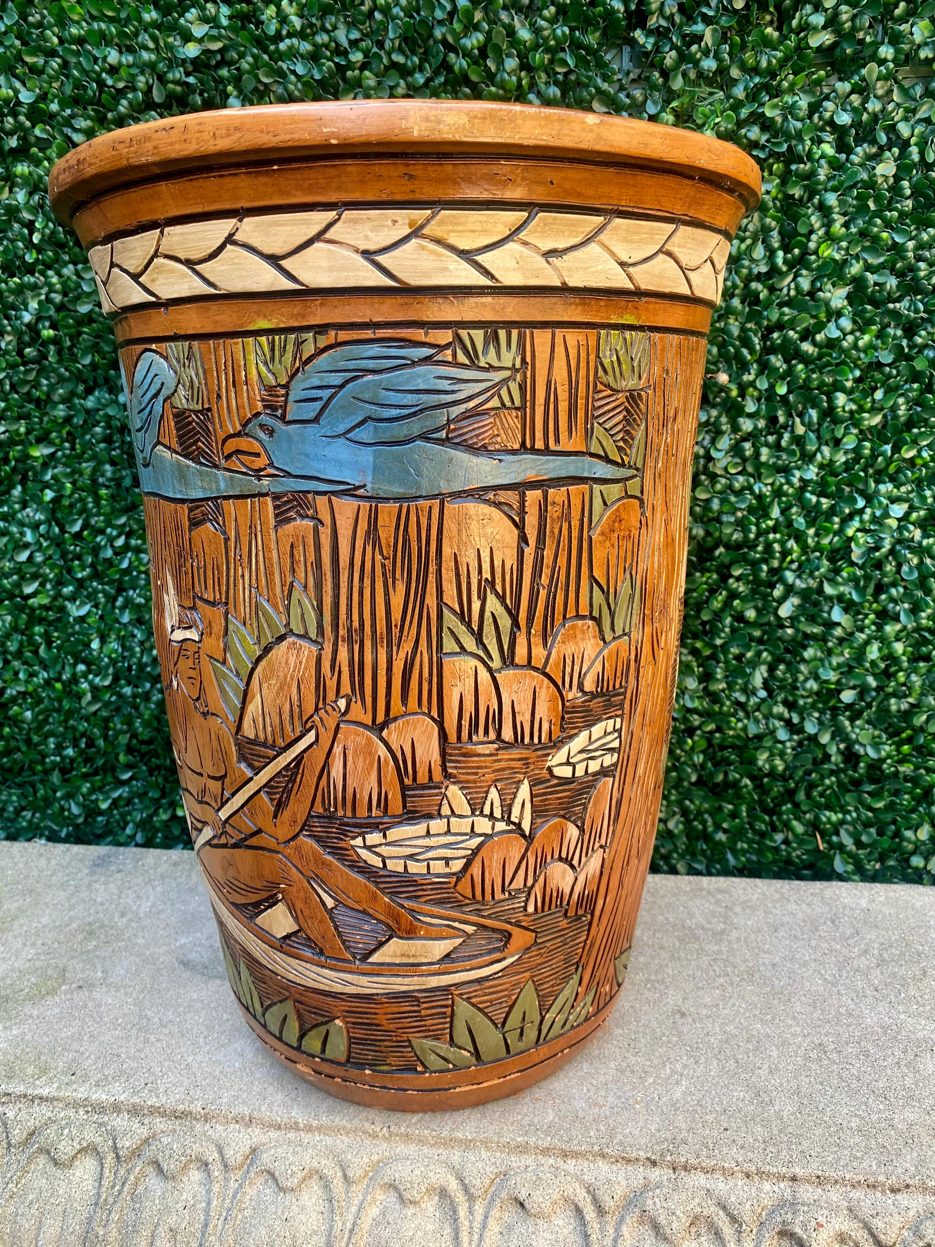 1950 Terracotta Etched Painted Figurative Nude Faux Wood Vase For Sale 3
