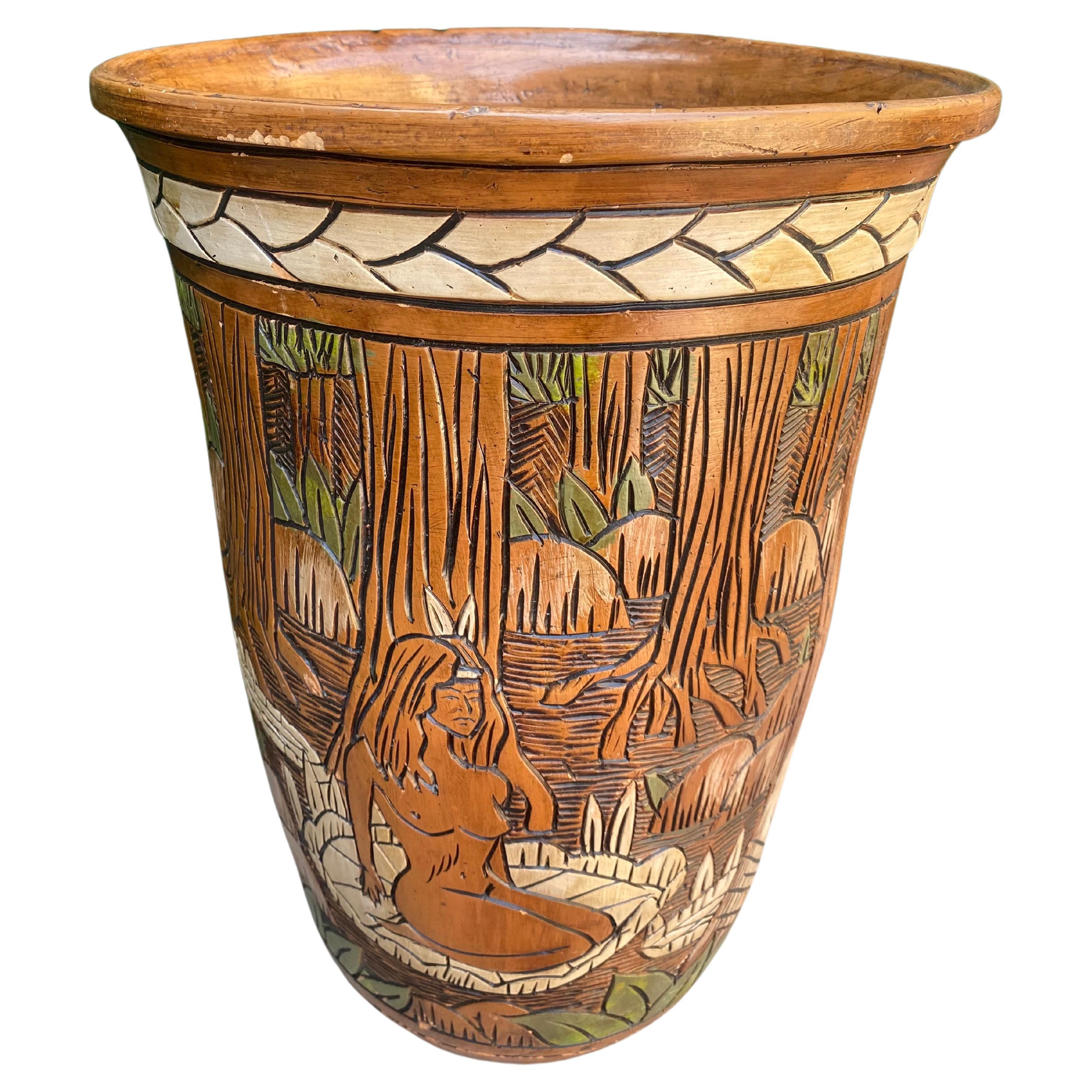 1950 Terracotta Etched Painted Figurative Nude Faux Wood Vase For Sale