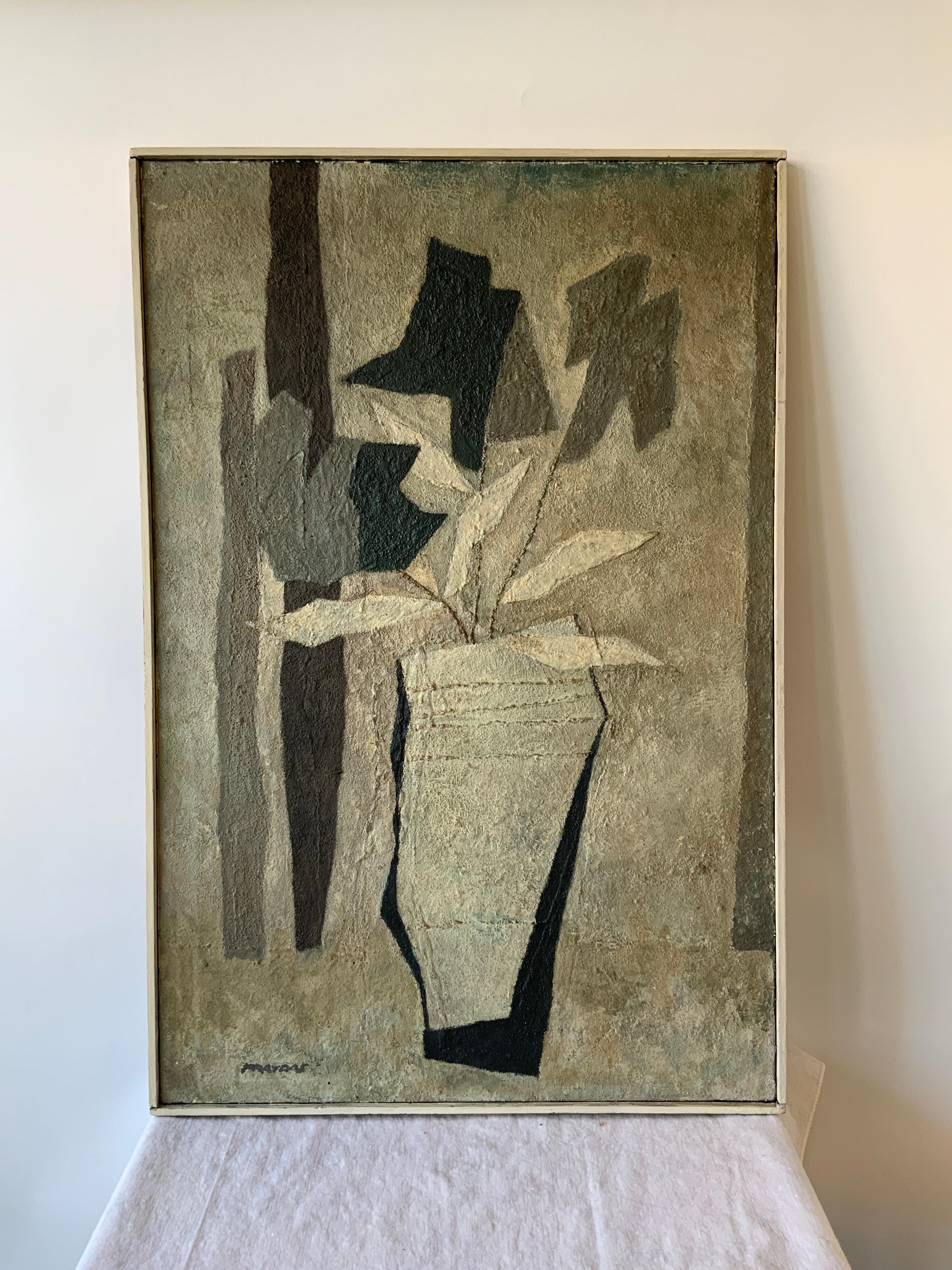 1950s textured acrylic painting on canvas of flowers in a vase. Signed Fraydas.