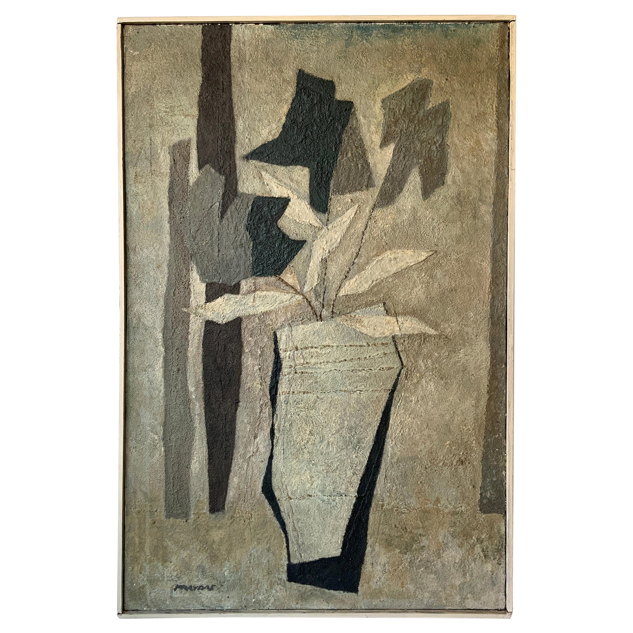 1950s Textured Painting of Flowers in a Vase