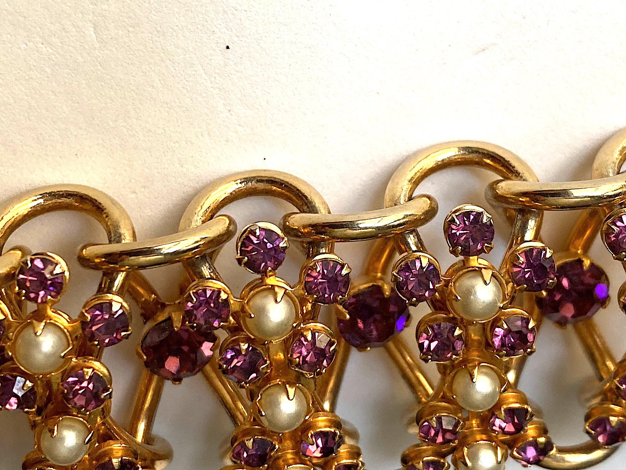 1950s Large Open Link and Purple Rhinestone and Pearl Bracelet 4