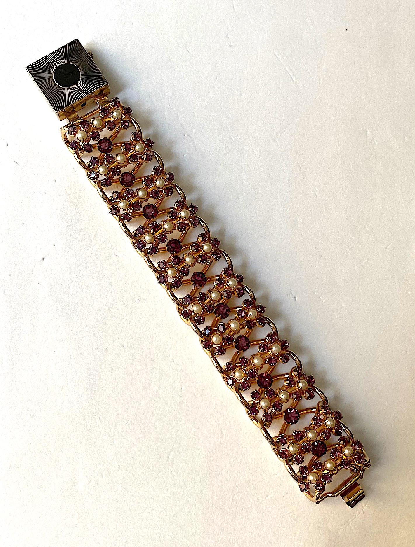 1950s Large Open Link and Purple Rhinestone and Pearl Bracelet 6