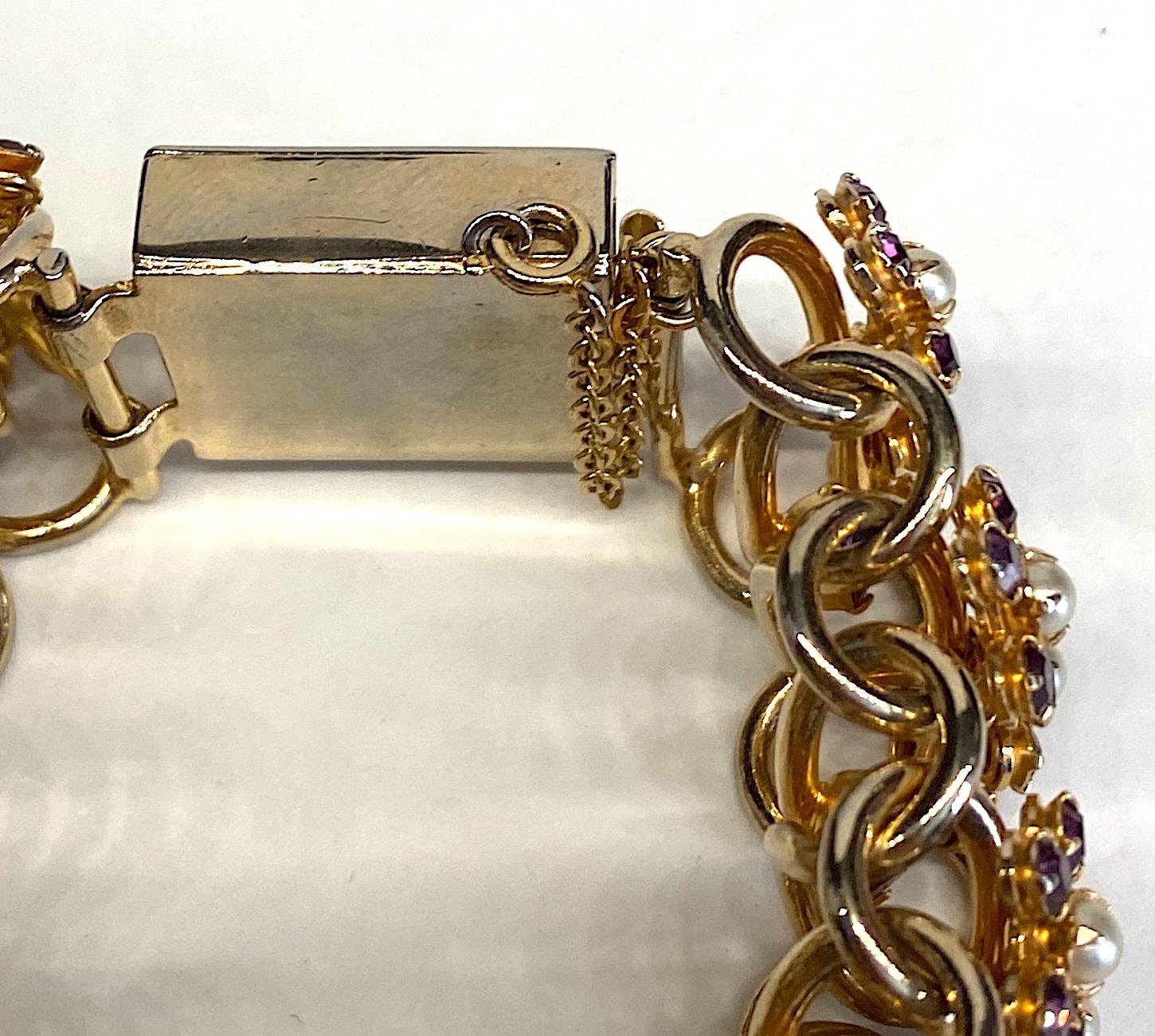 Women's 1950s Large Open Link and Purple Rhinestone and Pearl Bracelet For Sale