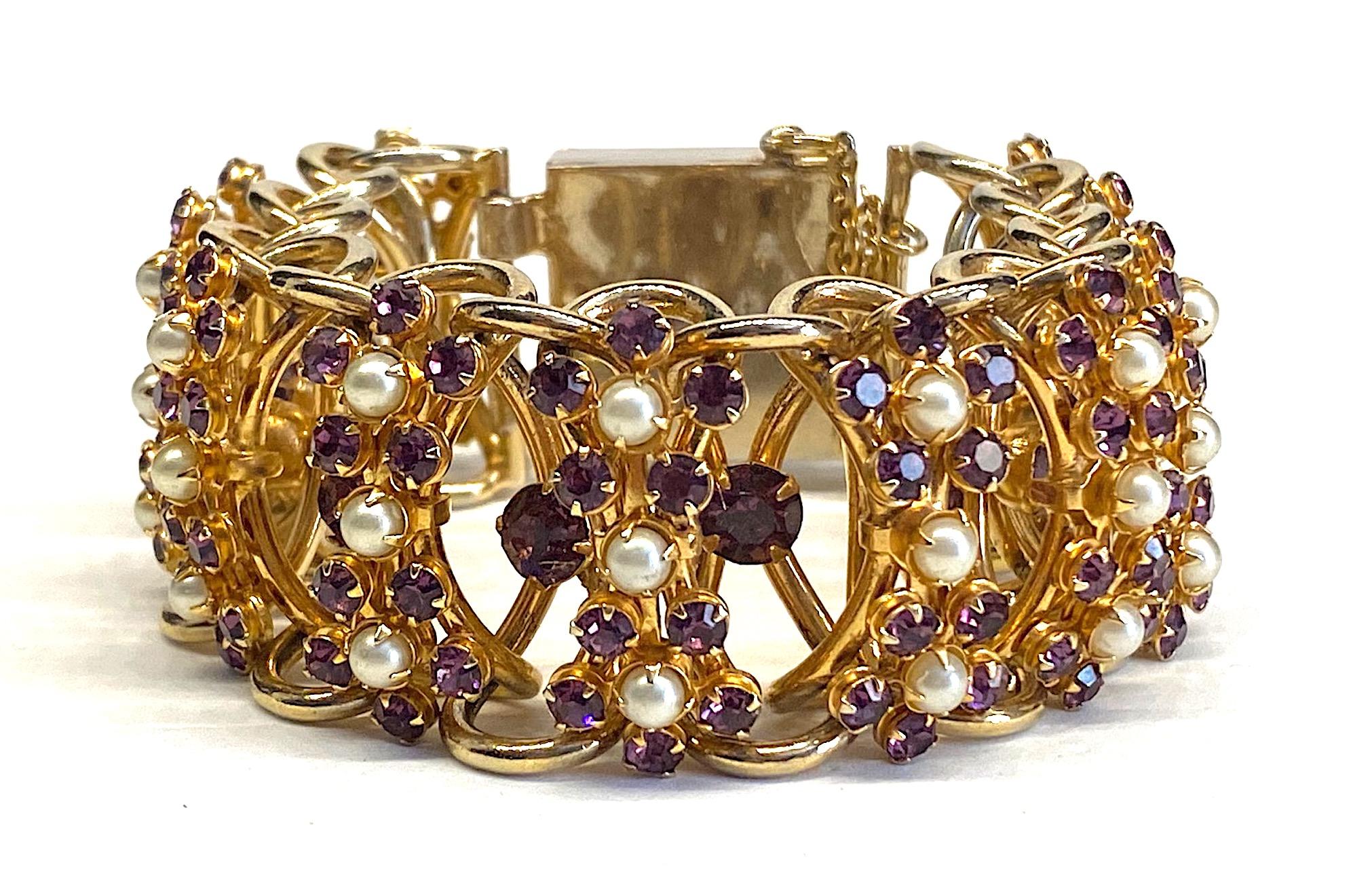 1950s Large Open Link and Purple Rhinestone and Pearl Bracelet 1