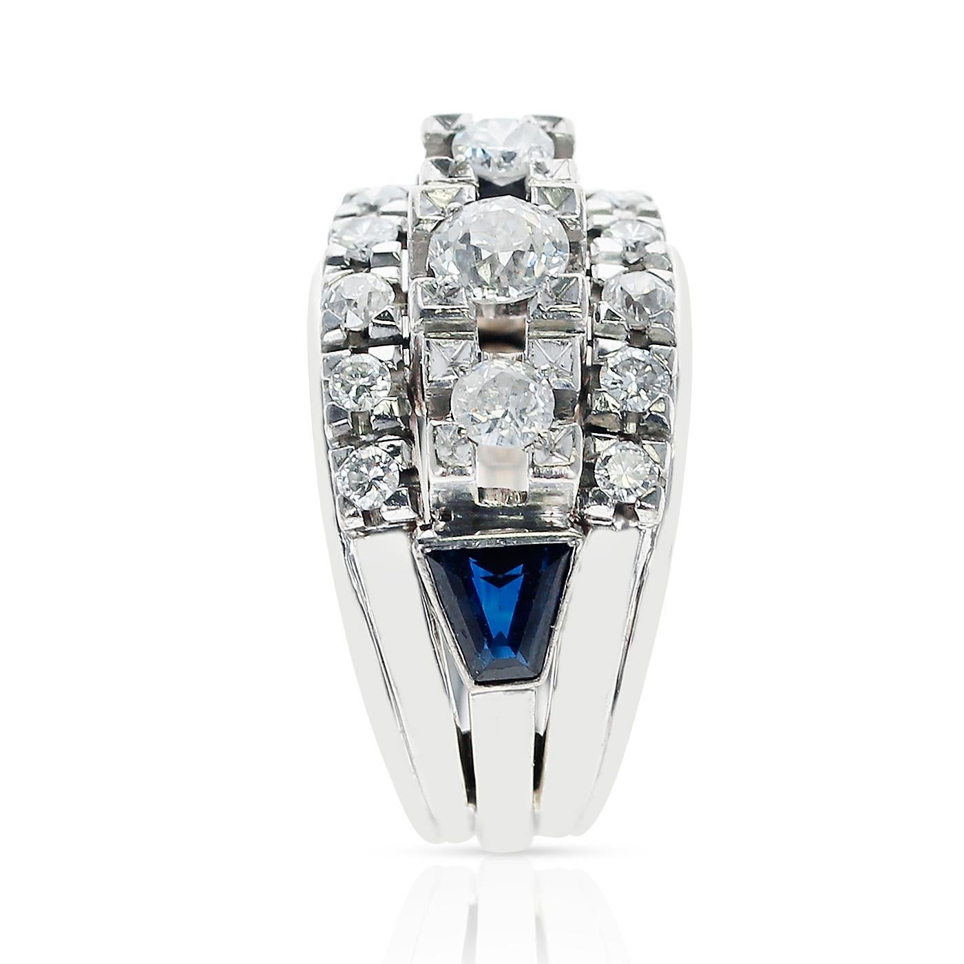 Round Cut 1950s Thirteen Round Diamond Bridal Ring Accented with Two Sapphire Trapezoids