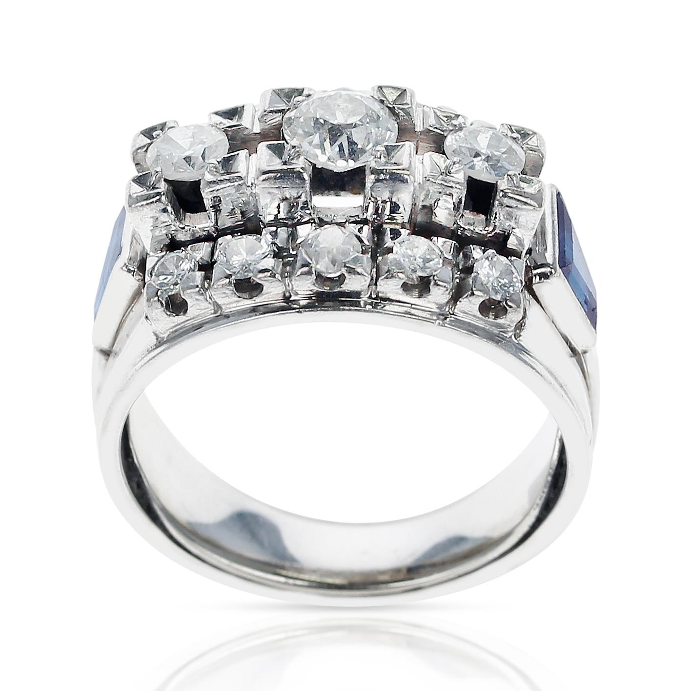 1950s Thirteen Round Diamond Bridal Ring Accented with Two Sapphire Trapezoids In Excellent Condition In New York, NY
