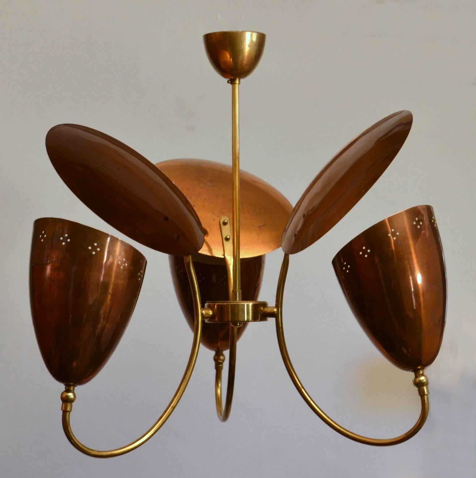 1950s Three-Arm with Reflector Chandelier in Perforated Copper and Brass 4