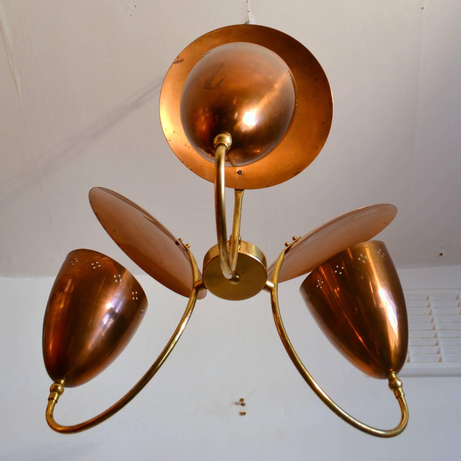 1950s Three-Arm with Reflector Chandelier in Perforated Copper and Brass 5
