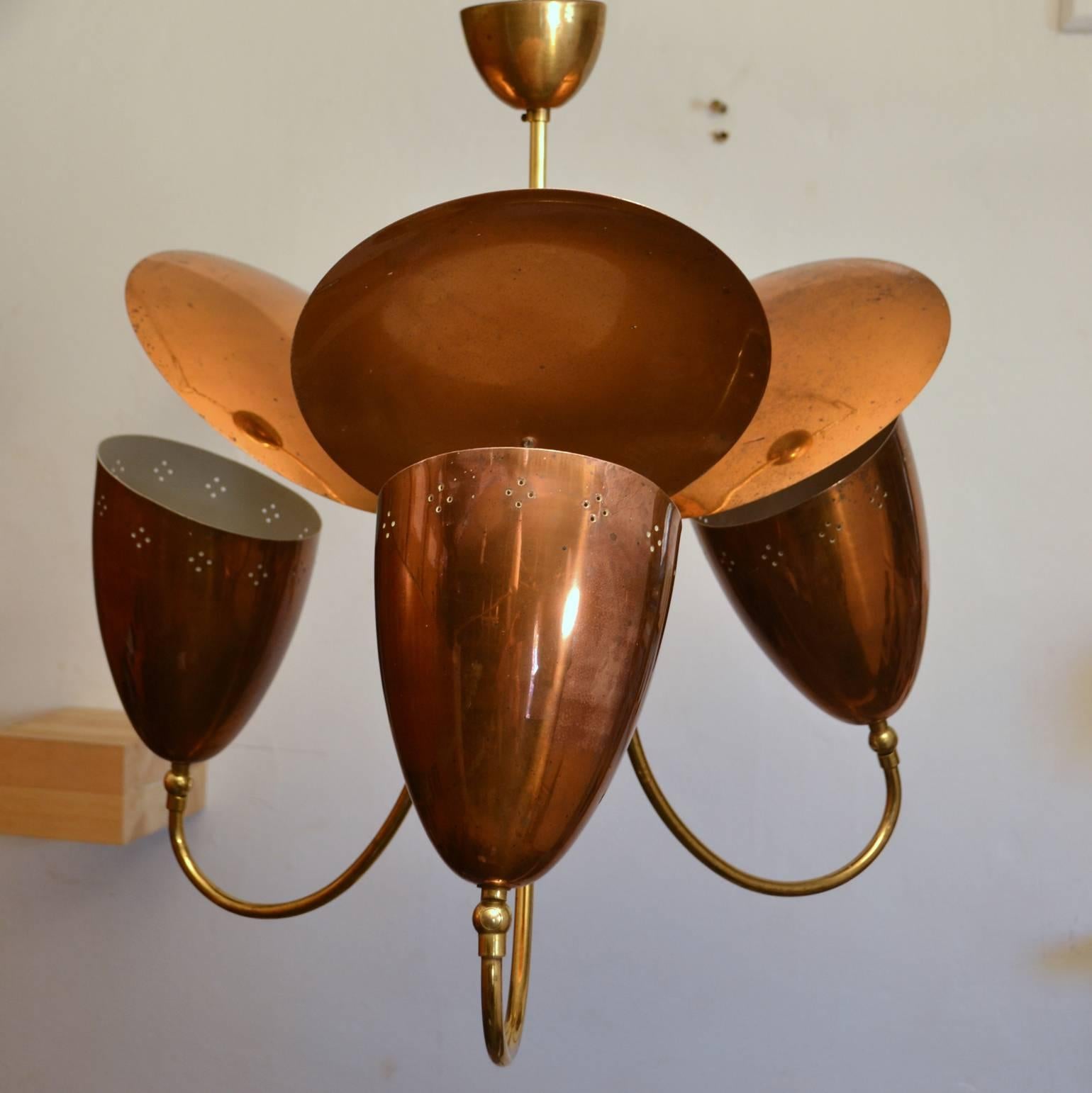 Mid-Century Modern 1950s Three-Arm with Reflector Chandelier in Perforated Copper and Brass