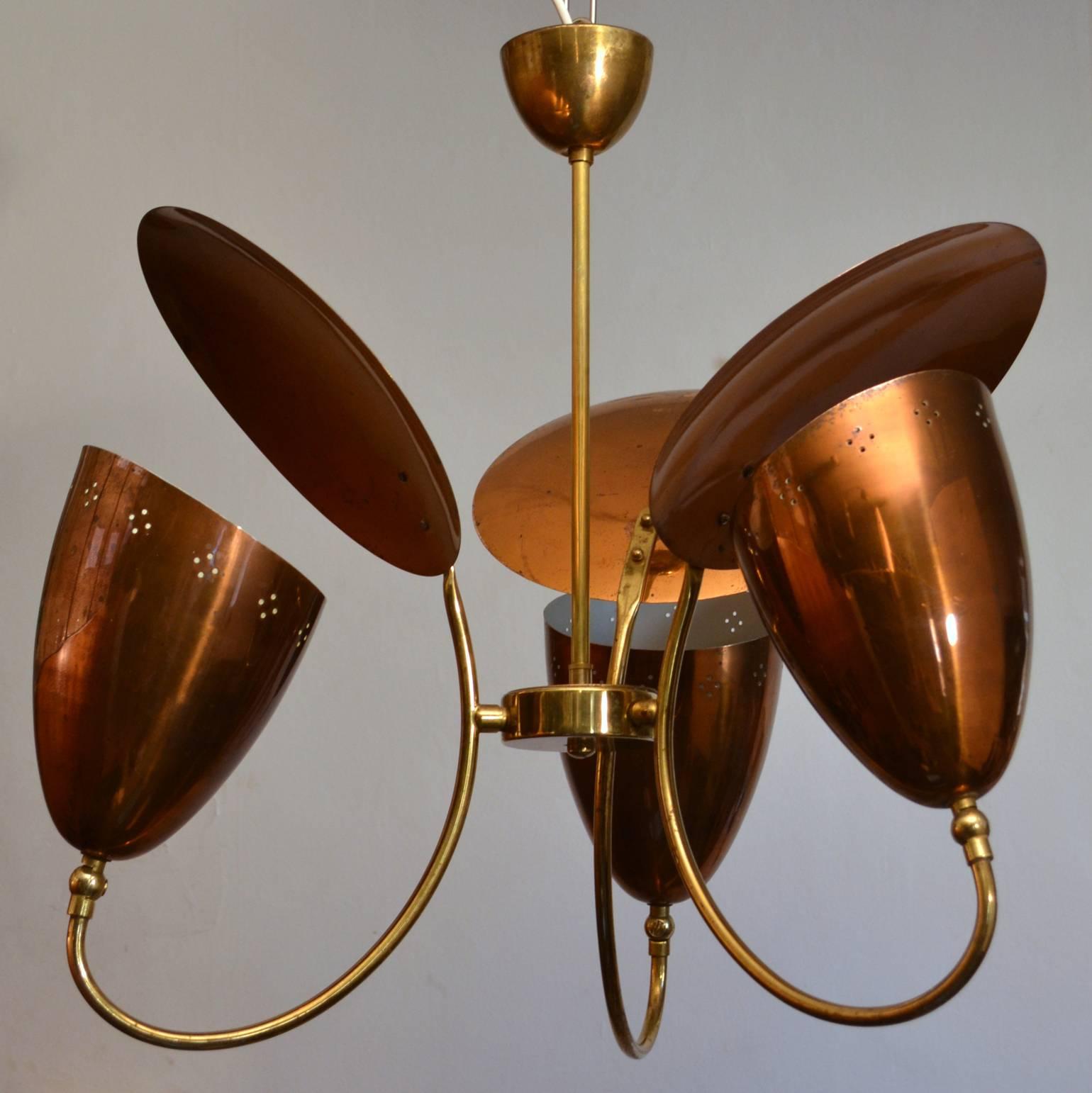 Scandinavian 1950s Three-Arm with Reflector Chandelier in Perforated Copper and Brass
