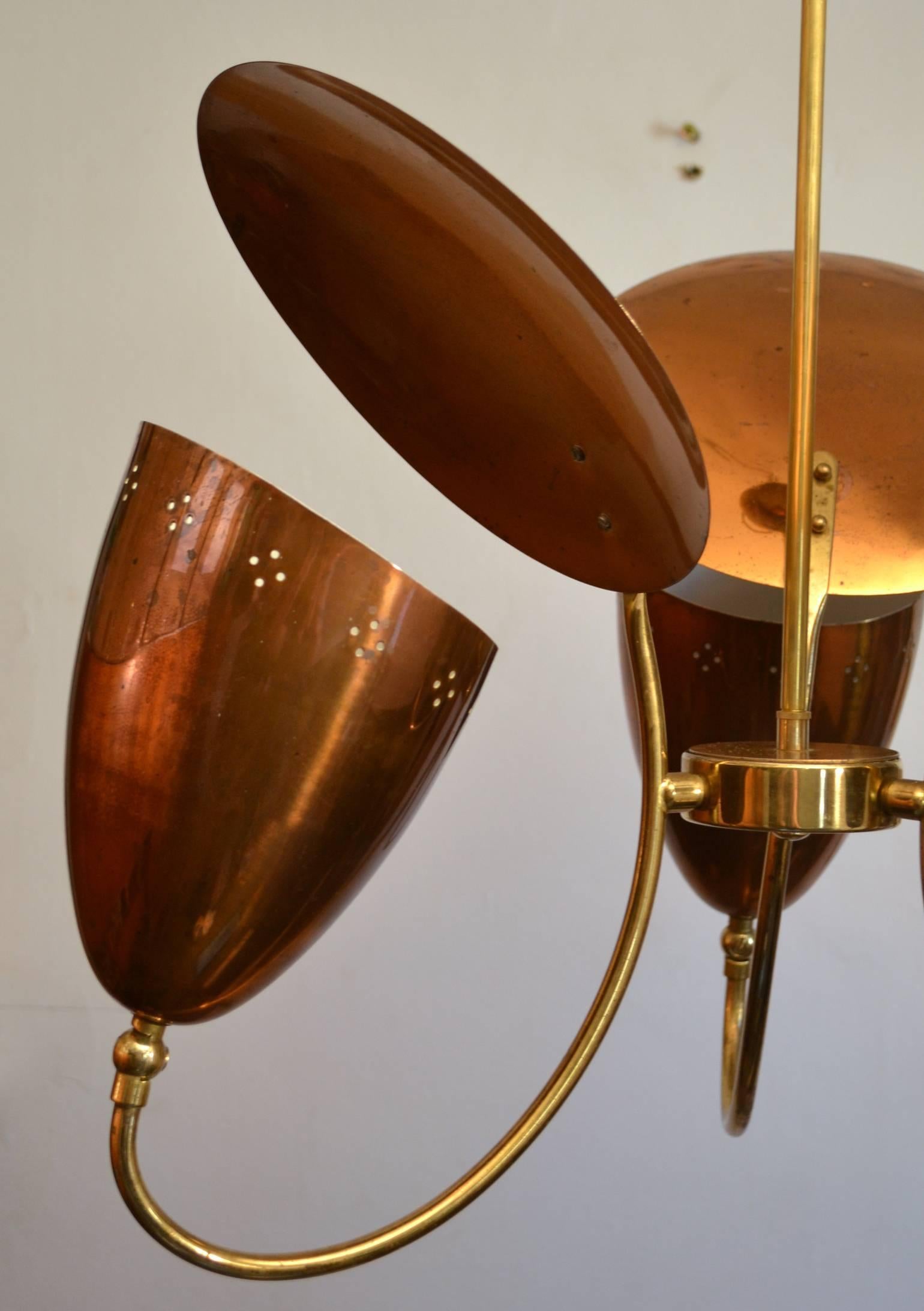 1950s Three-Arm with Reflector Chandelier in Perforated Copper and Brass In Excellent Condition In London, GB