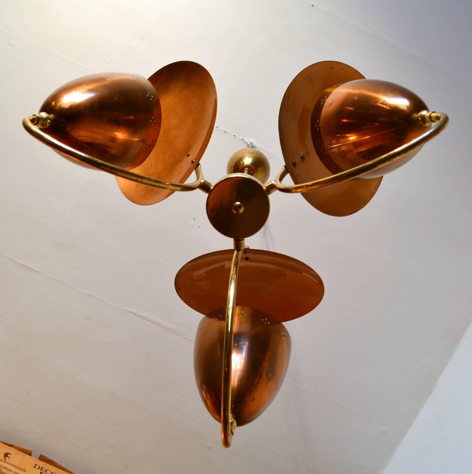 1950s Three-Arm with Reflector Chandelier in Perforated Copper and Brass 1