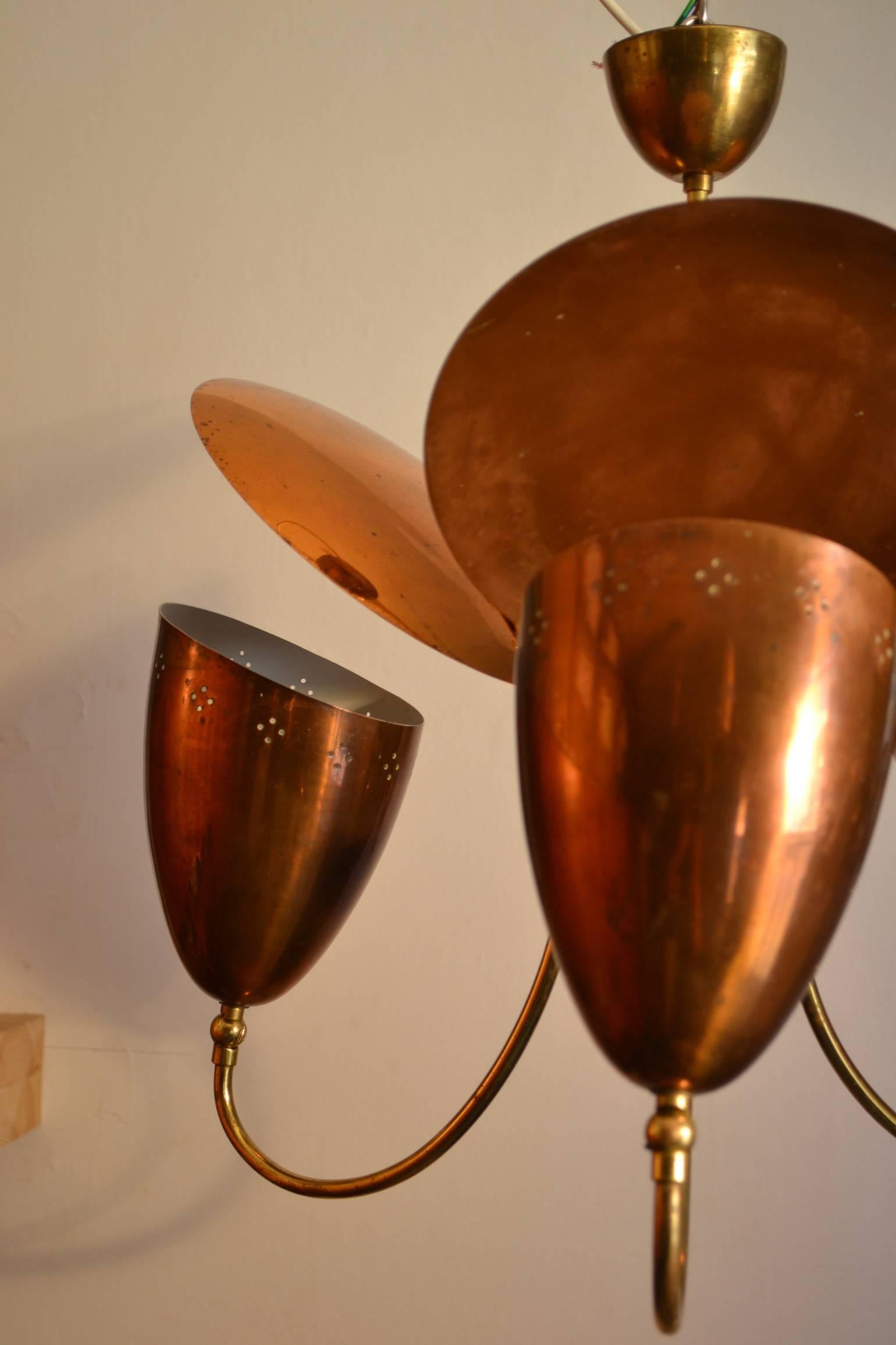 1950s Three-Arm with Reflector Chandelier in Perforated Copper and Brass 2