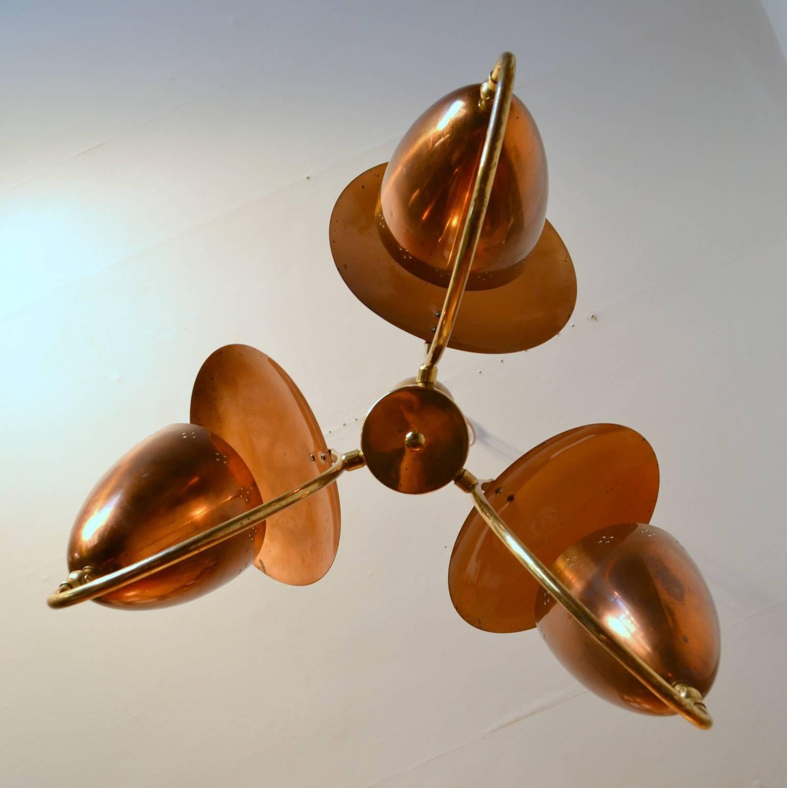 1950s Three-Arm with Reflector Chandelier in Perforated Copper and Brass 3