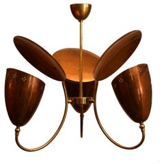 1950s Three-Arm with Reflector Chandelier in Perforated Copper and Brass