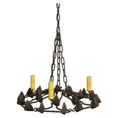 1950s Three-Light French Wrought Iron Chain Chandelier with Triangle Acorns