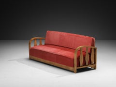 1950s Three-Seat Sofa in Pink Velvet and Carved Wood