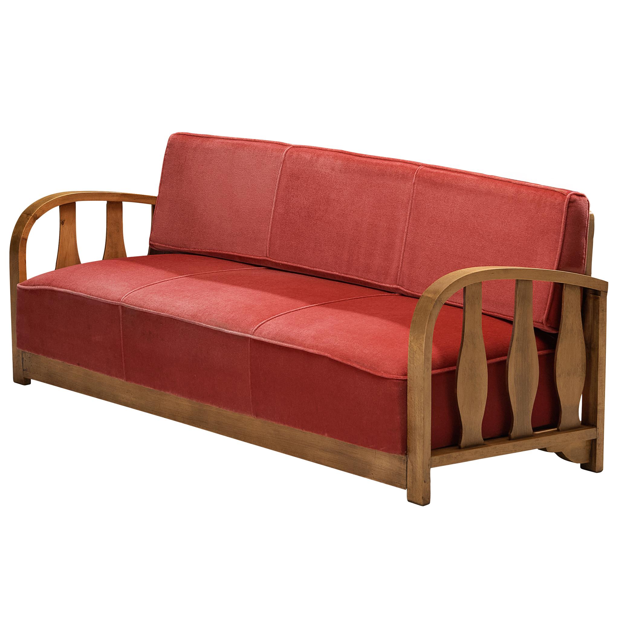 Canapé trois places des années 1950 en velours rose et Wood Wood