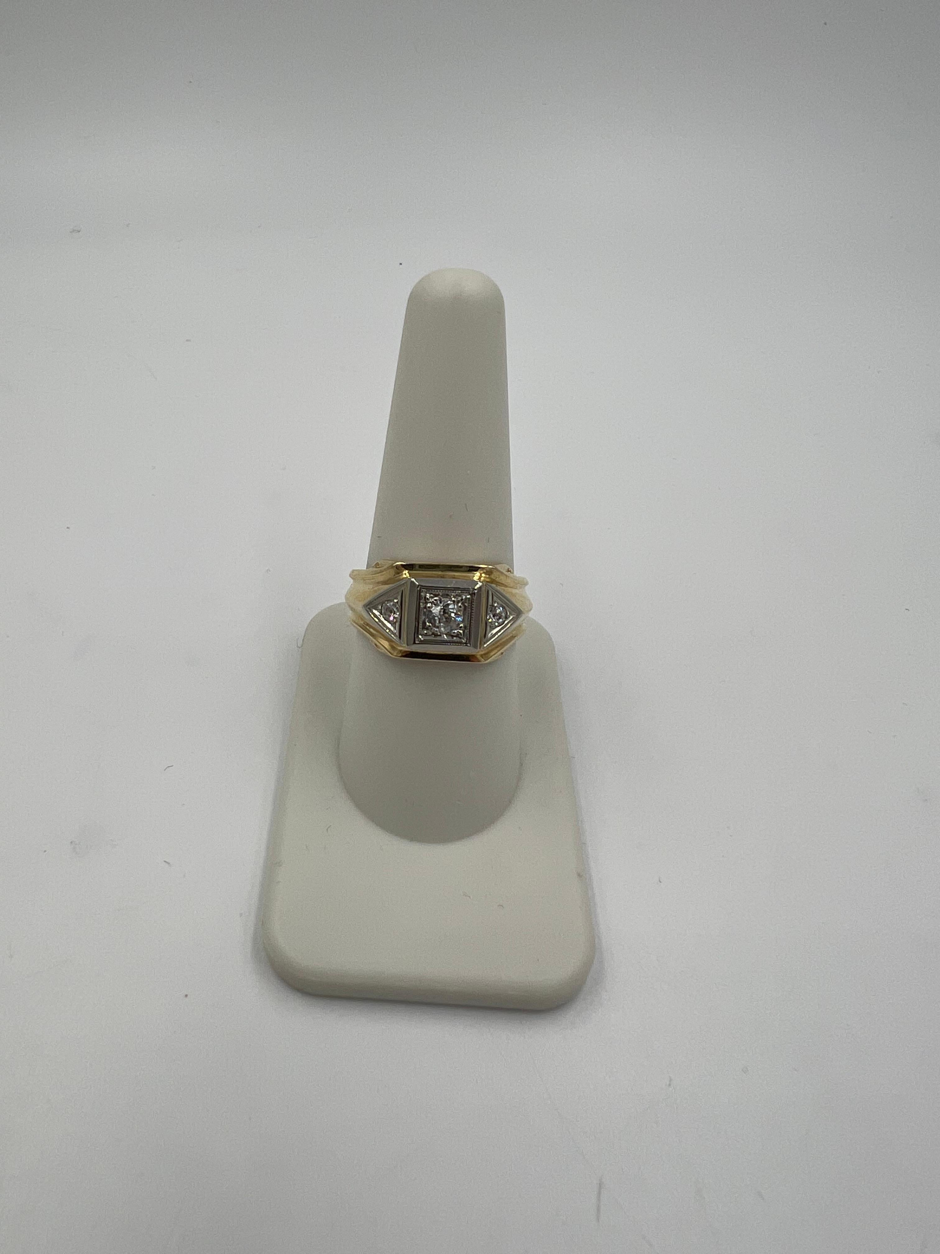 Modernist 1950s Three Stone Diamond Mens Two Tone Gold Ring