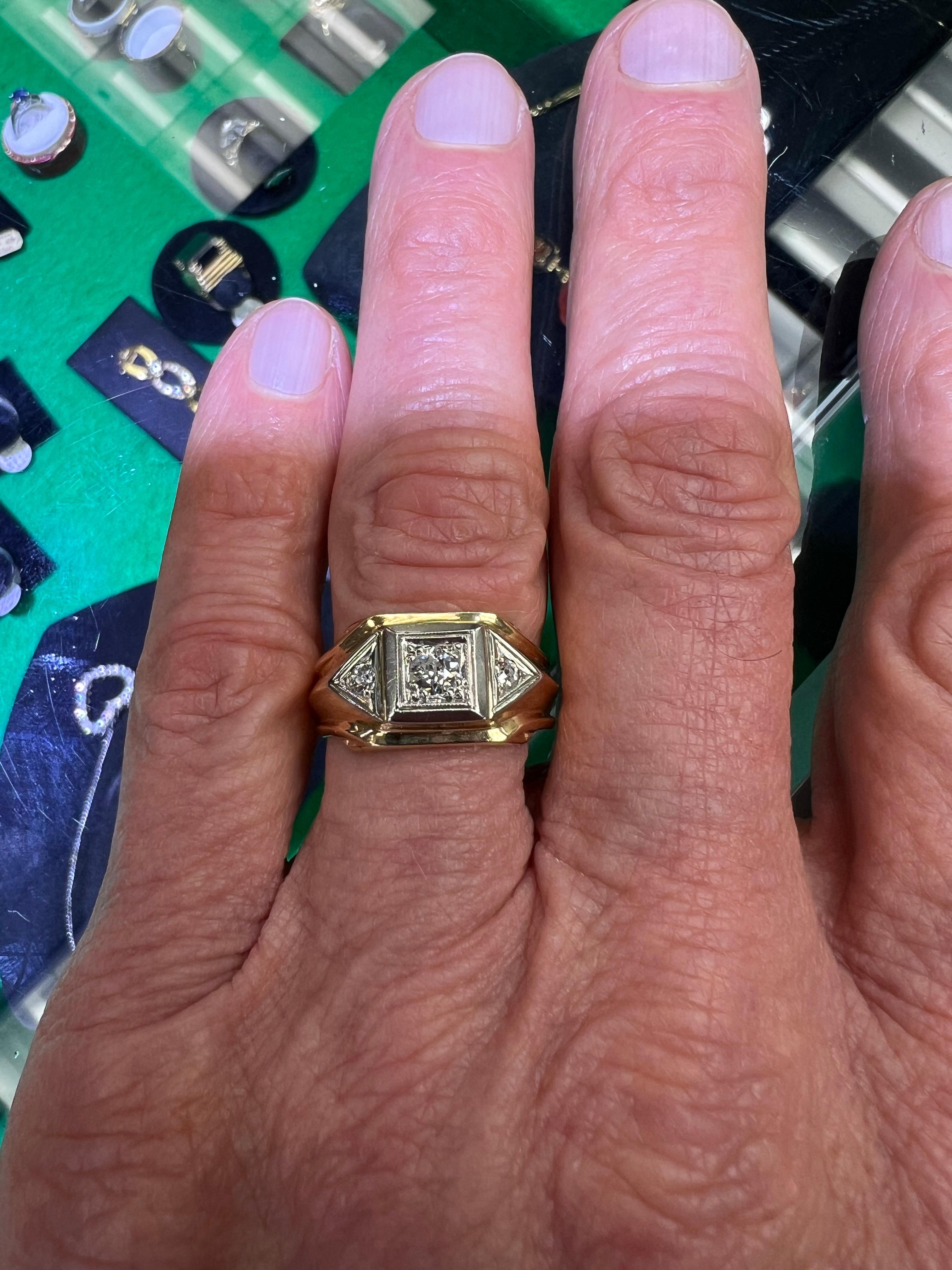 Women's or Men's 1950s Three Stone Diamond Mens Two Tone Gold Ring