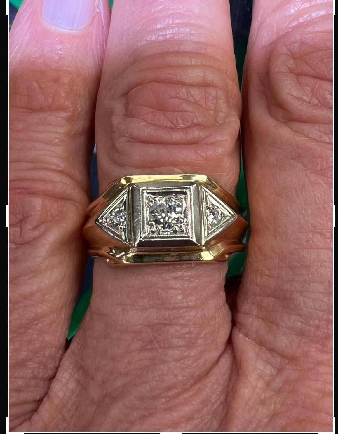 1950s Three Stone Diamond Mens Two Tone Gold Ring 1