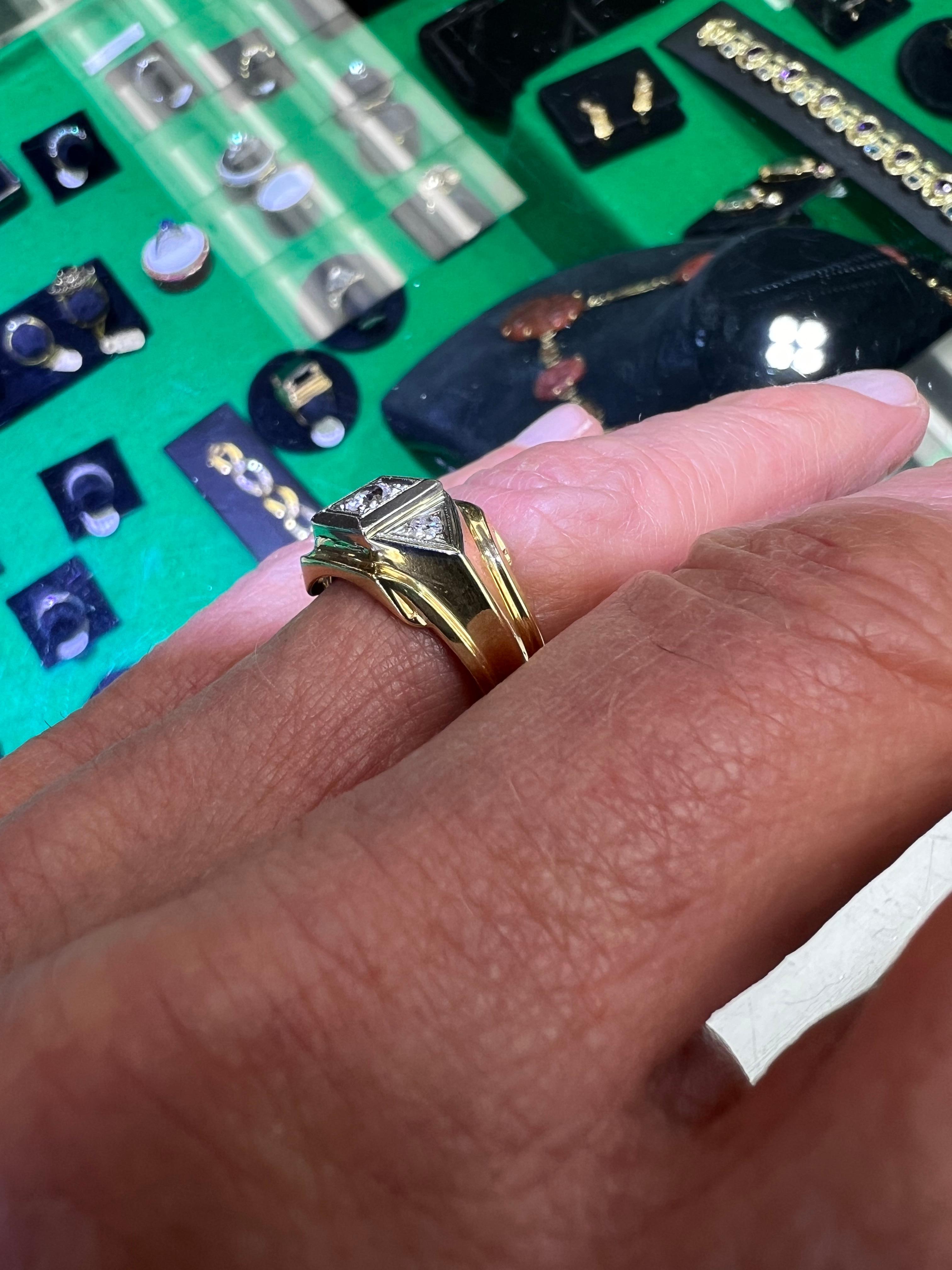 1950s Three Stone Diamond Mens Two Tone Gold Ring 2