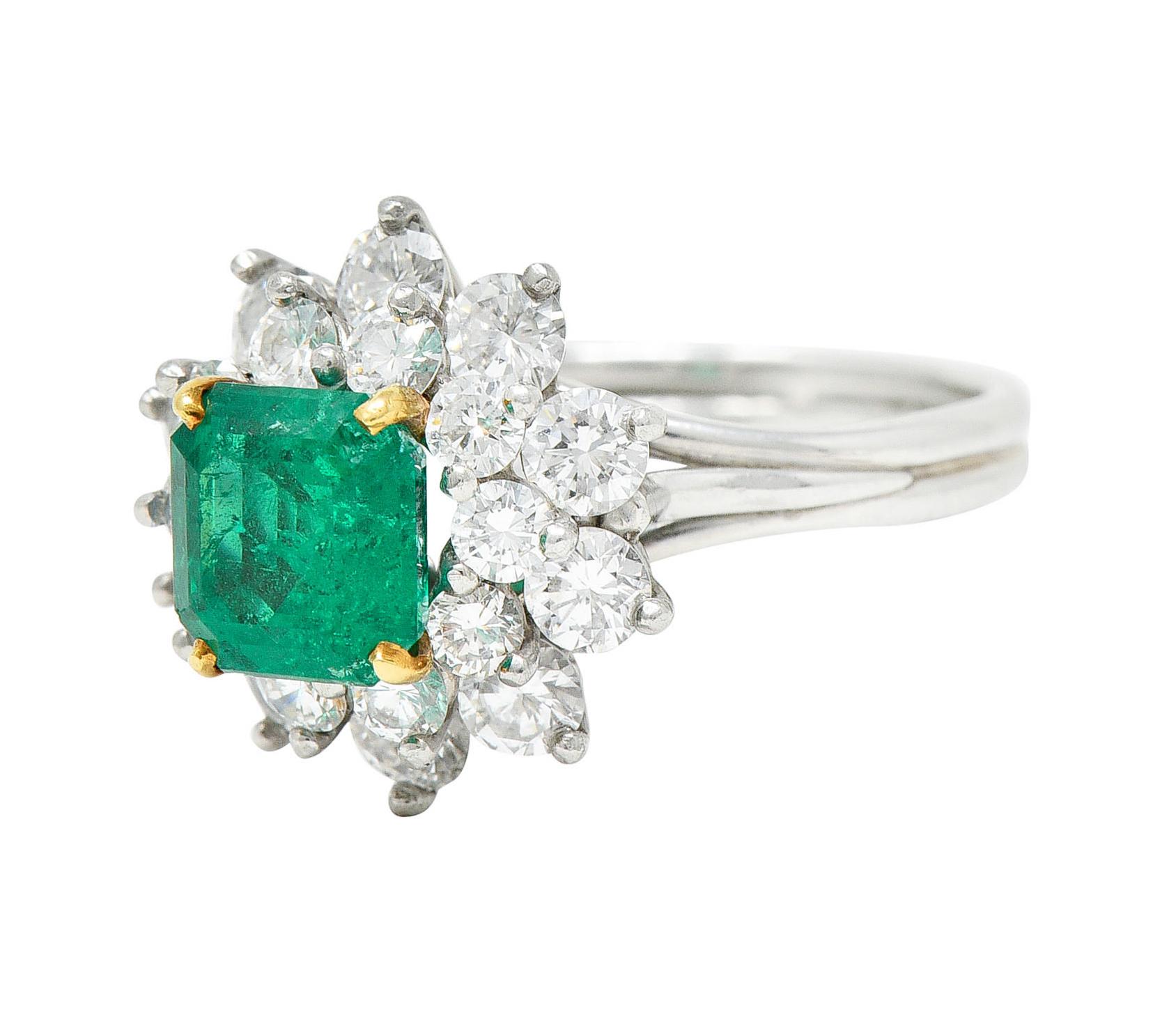 Emerald Cut 1950's Tiffany & Co. 2.45 Carats Emerald Diamond Platinum Cluster Ring