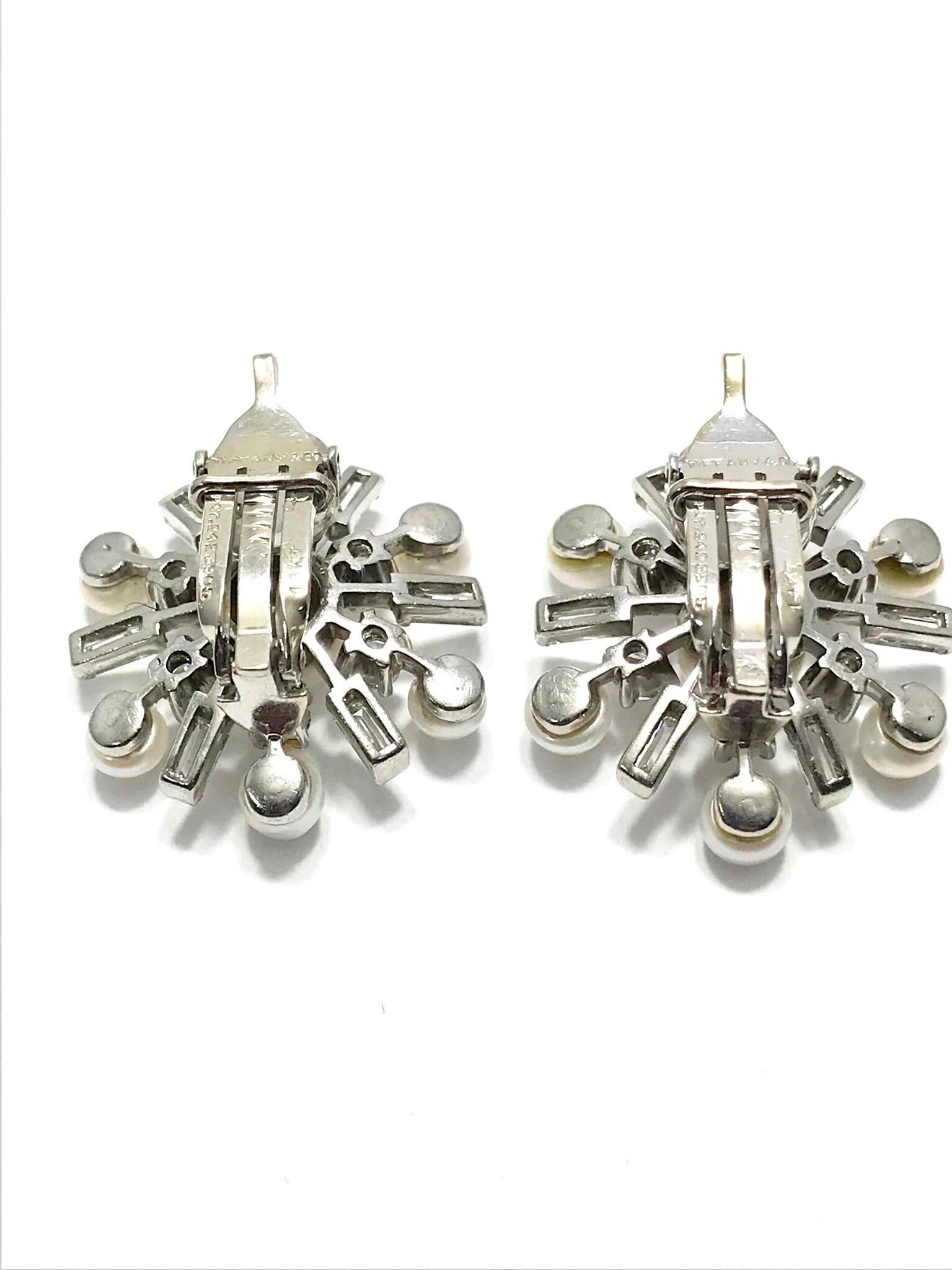 1950s Tiffany & Co. Diamond and Cultured Pearl White Gold Clip Back Earrings In Excellent Condition In Chevy Chase, MD