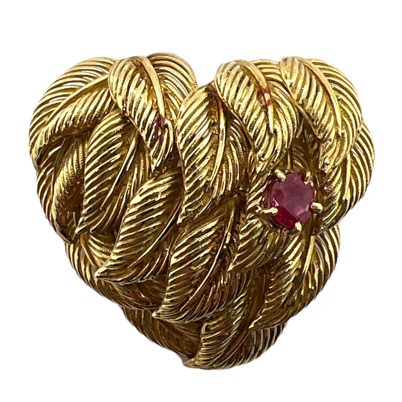 Round Cut 1950's Tiffany & Co. Italy Ruby 18 Karat Yellow Gold Heart Leaf Pin Brooch