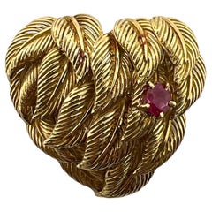 1950's Tiffany & Co. Italy Ruby 18 Karat Yellow Gold Heart Leaf Pin Brooch