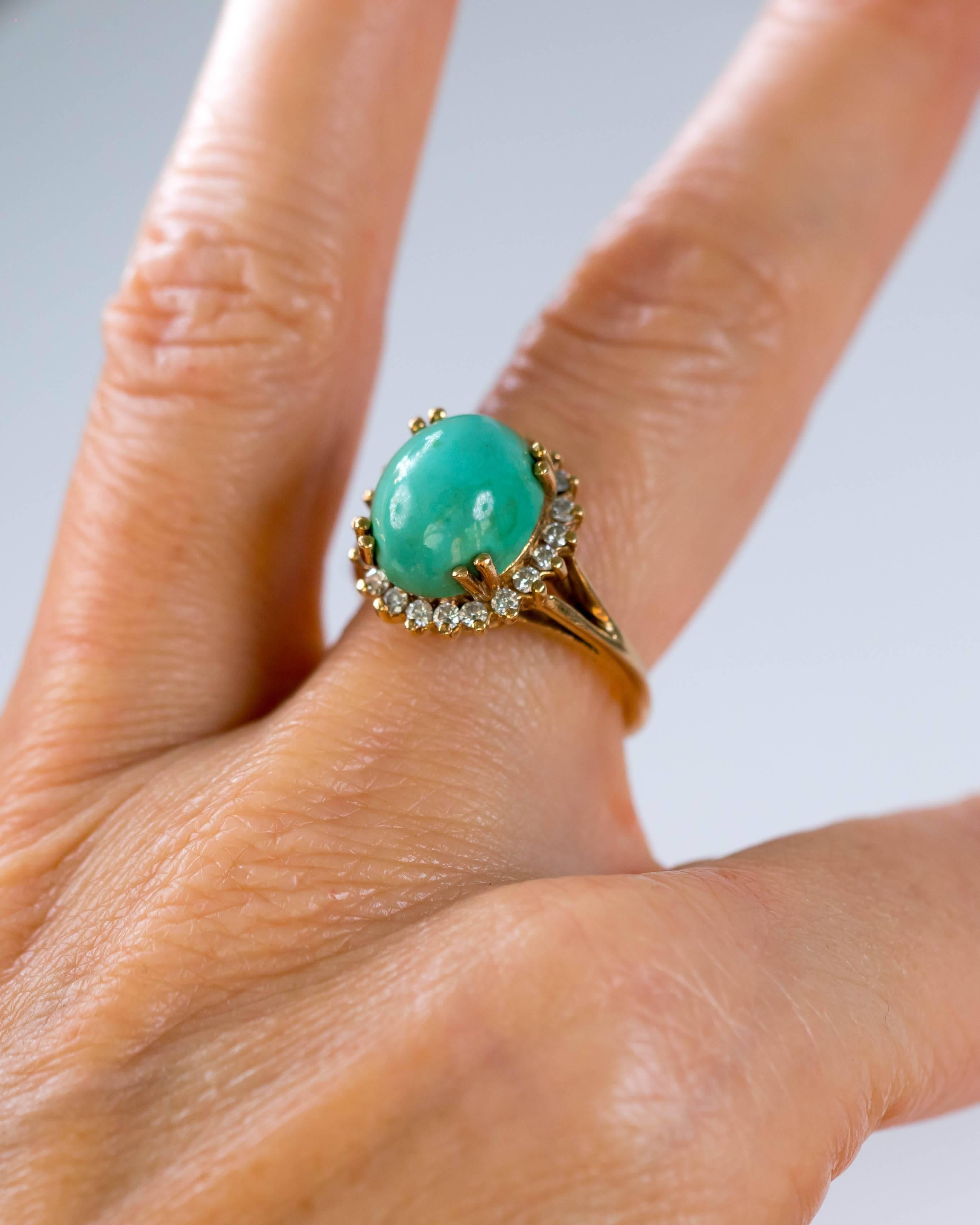 1950s Tiffany & Co. Persian Turquoise Cabochon Diamond Halo 14 Karat Gold Ring 6