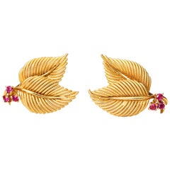 1950s Tiffany & Co Ruby Leaf Motif 18 Karat Yellow Gold Earrings