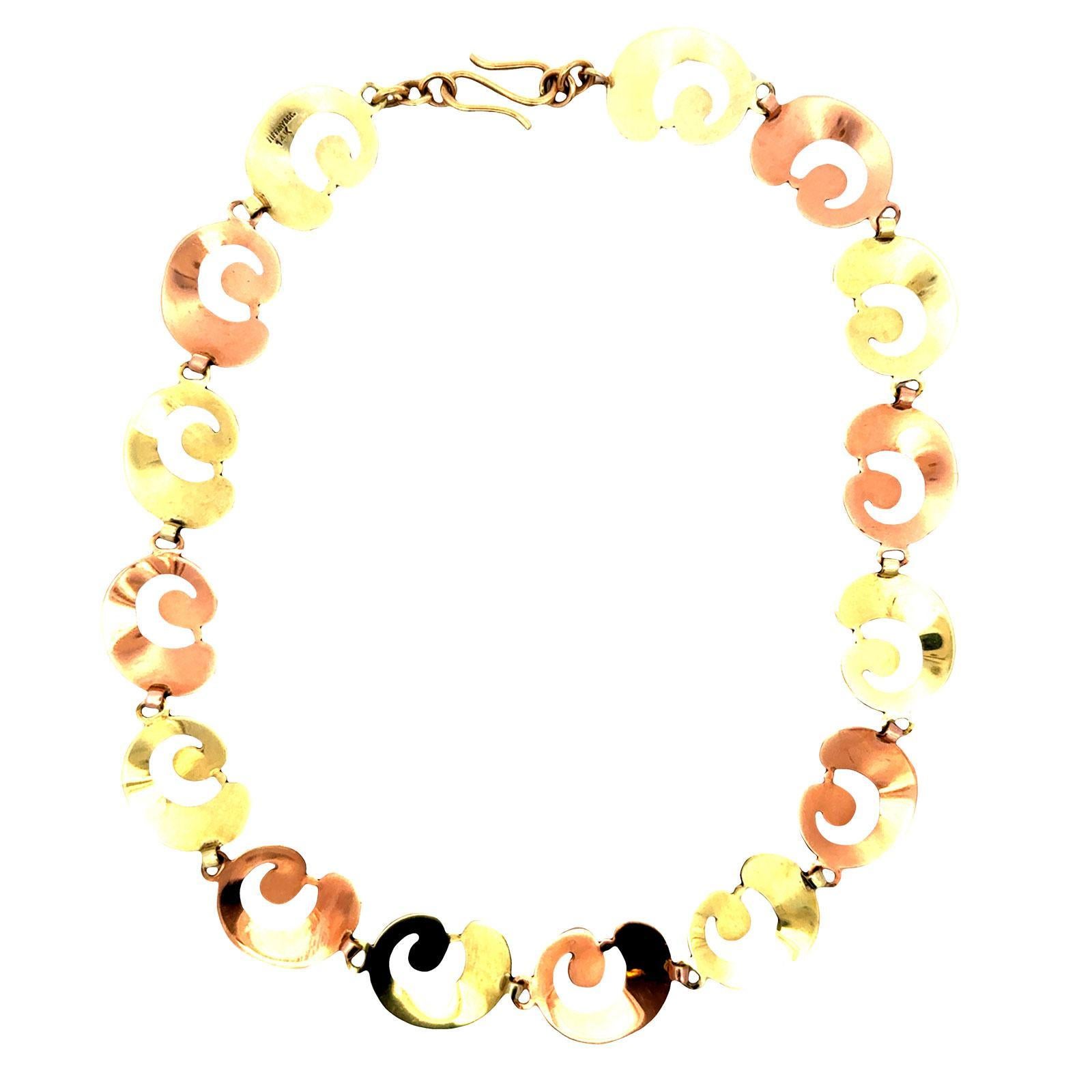 Women's 1950's Tiffany & Co. Yellow & Rose Gold Swirl Form Vintage Link Collar Necklace For Sale
