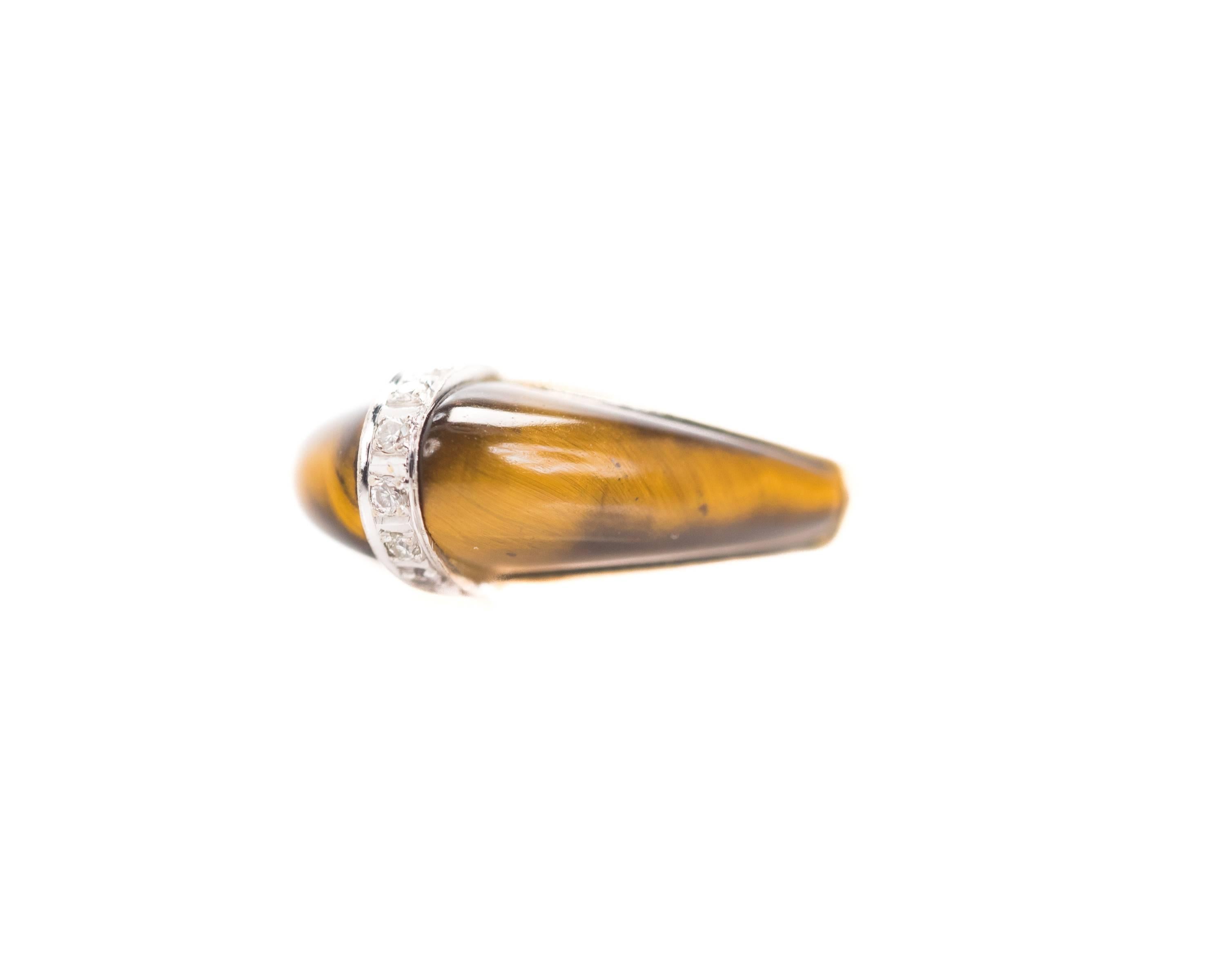 Retro 1950s Tiger’s Eye Diamond and 14 Karat Yellow Gold Dome Ring