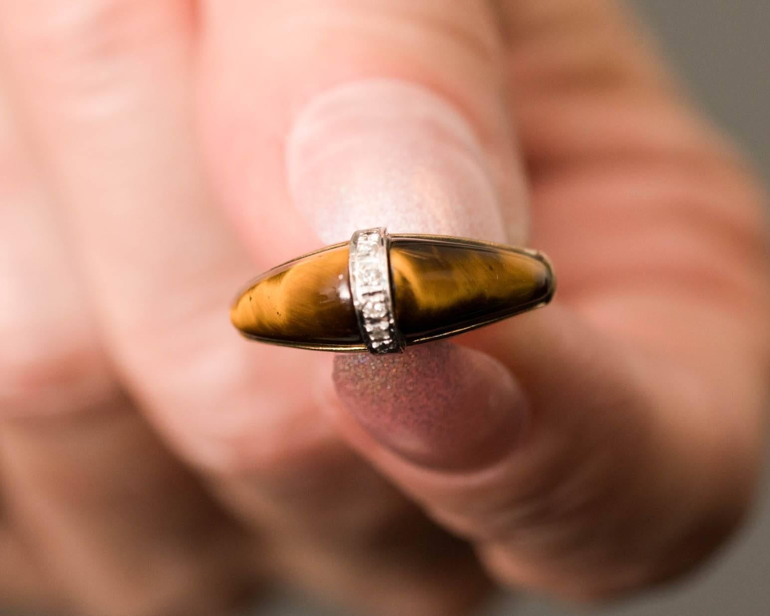 1950s Tiger’s Eye Diamond and 14 Karat Yellow Gold Dome Ring 1