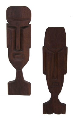 1950s Tiki Figural Solid Teak Wall Art Hangings, Pair